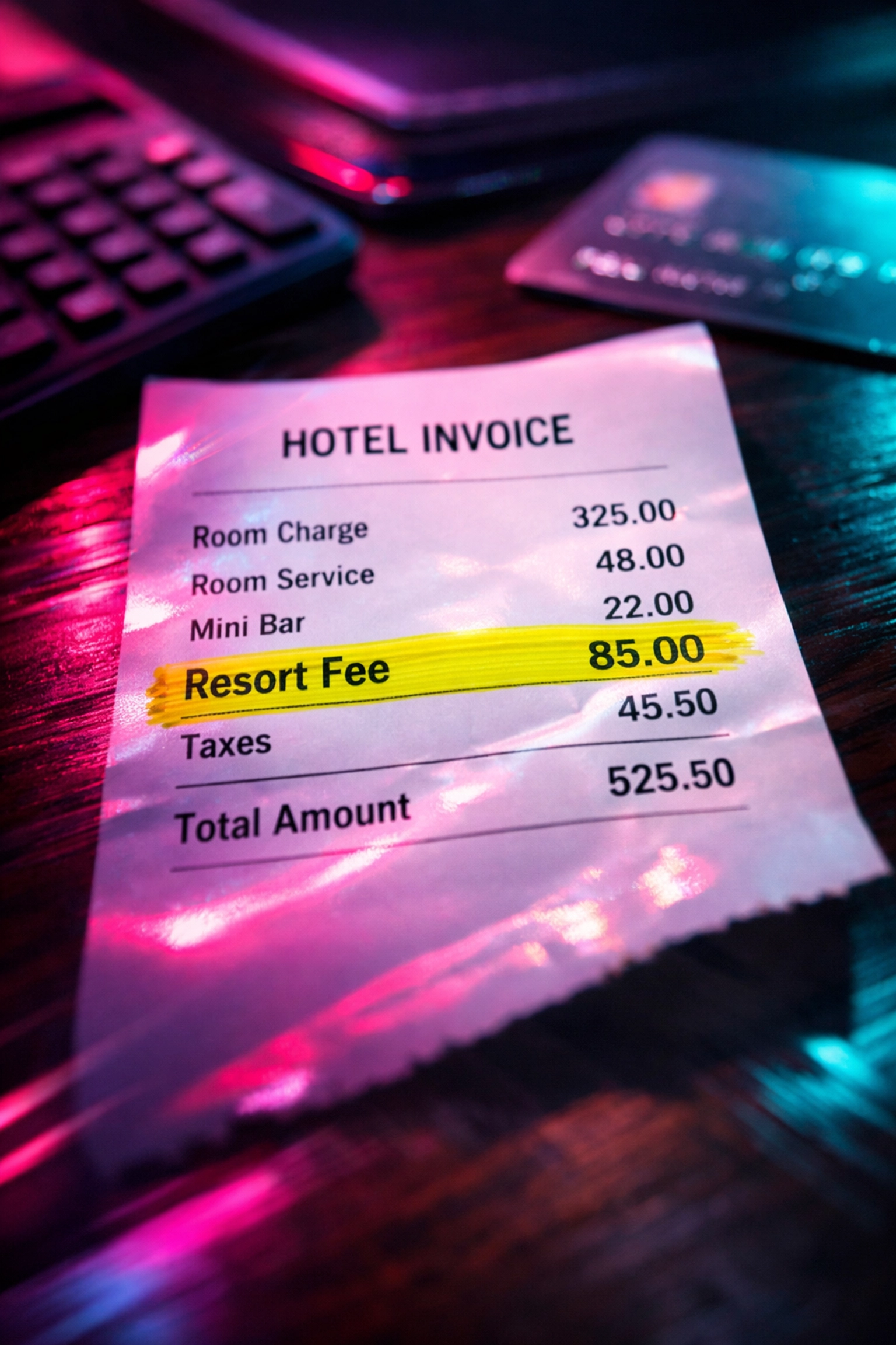 Hotel bill showing highlighted resort fees adding extra charges to room rate