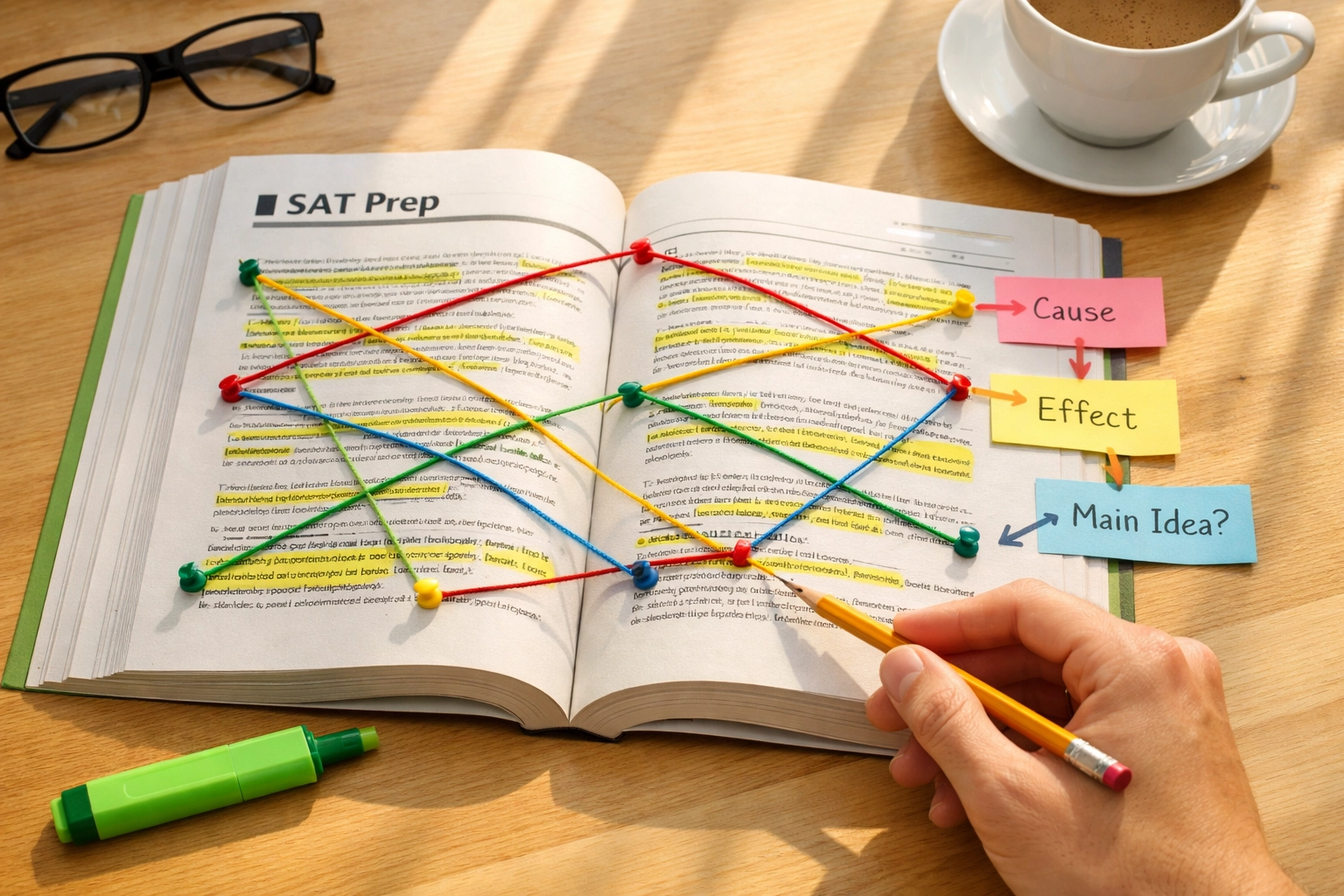 SAT reading practice showing highlighted passages with direct textual connections marked