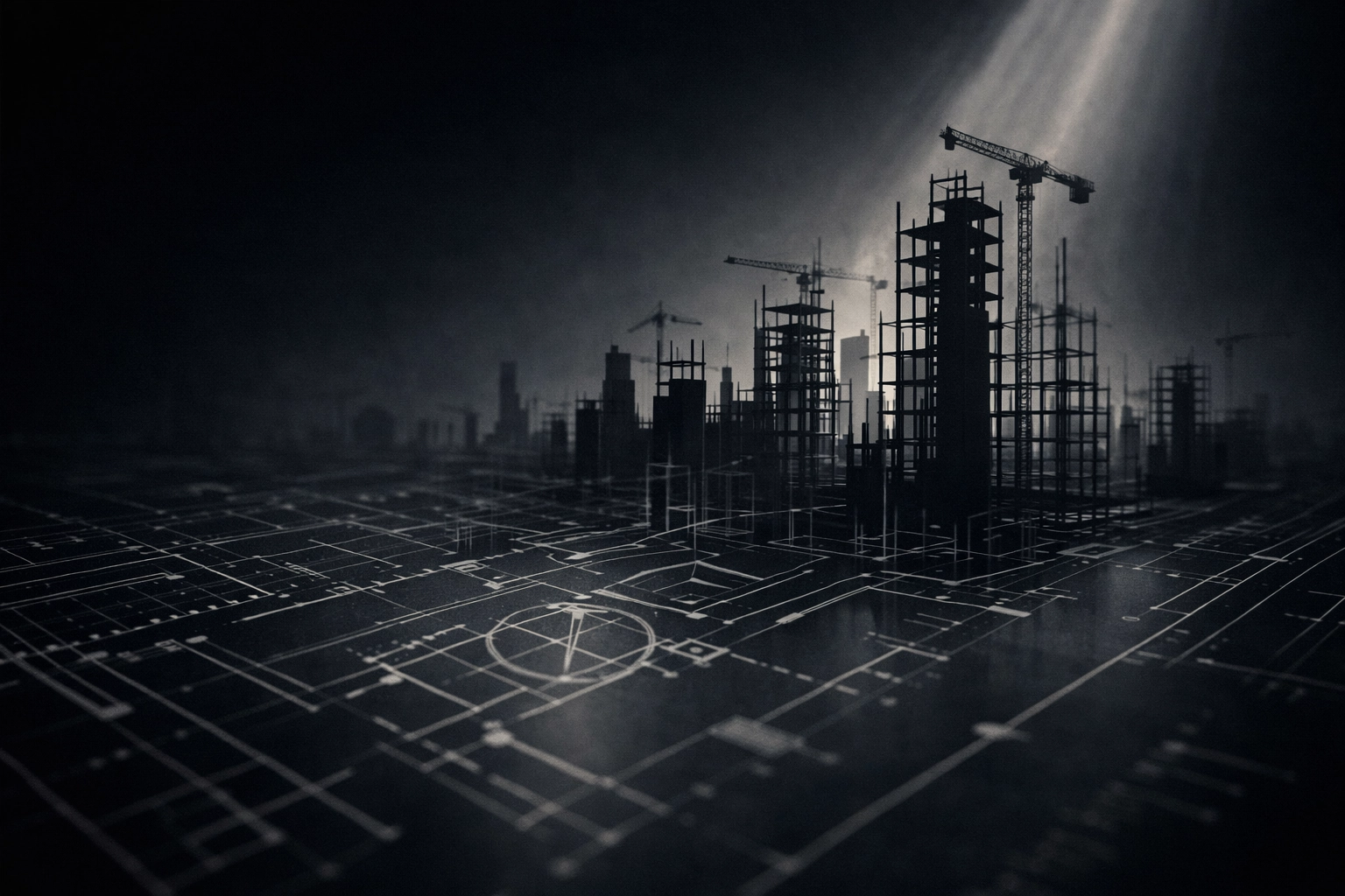 Minimalist blueprint lines morphing into a steel-frame skyline—vision becoming structure through disciplined execution