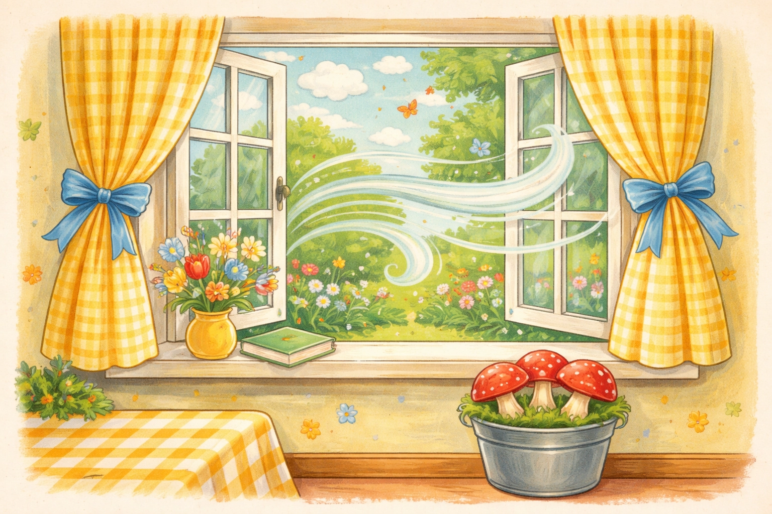 Open window providing ventilation for an indoor mushroom kit in a child-friendly home environment