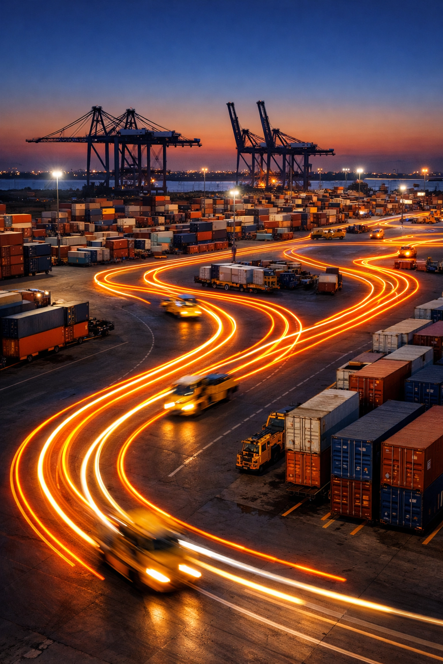Yard spotter trucks tracking efficient travel paths in a Texas shipping container yard at twilight.