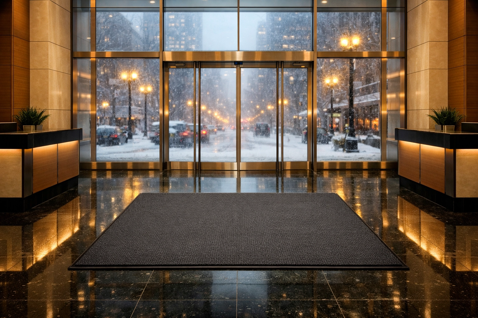 A clean Chicago office lobby with professional mats protecting stone floors from winter salt damage.