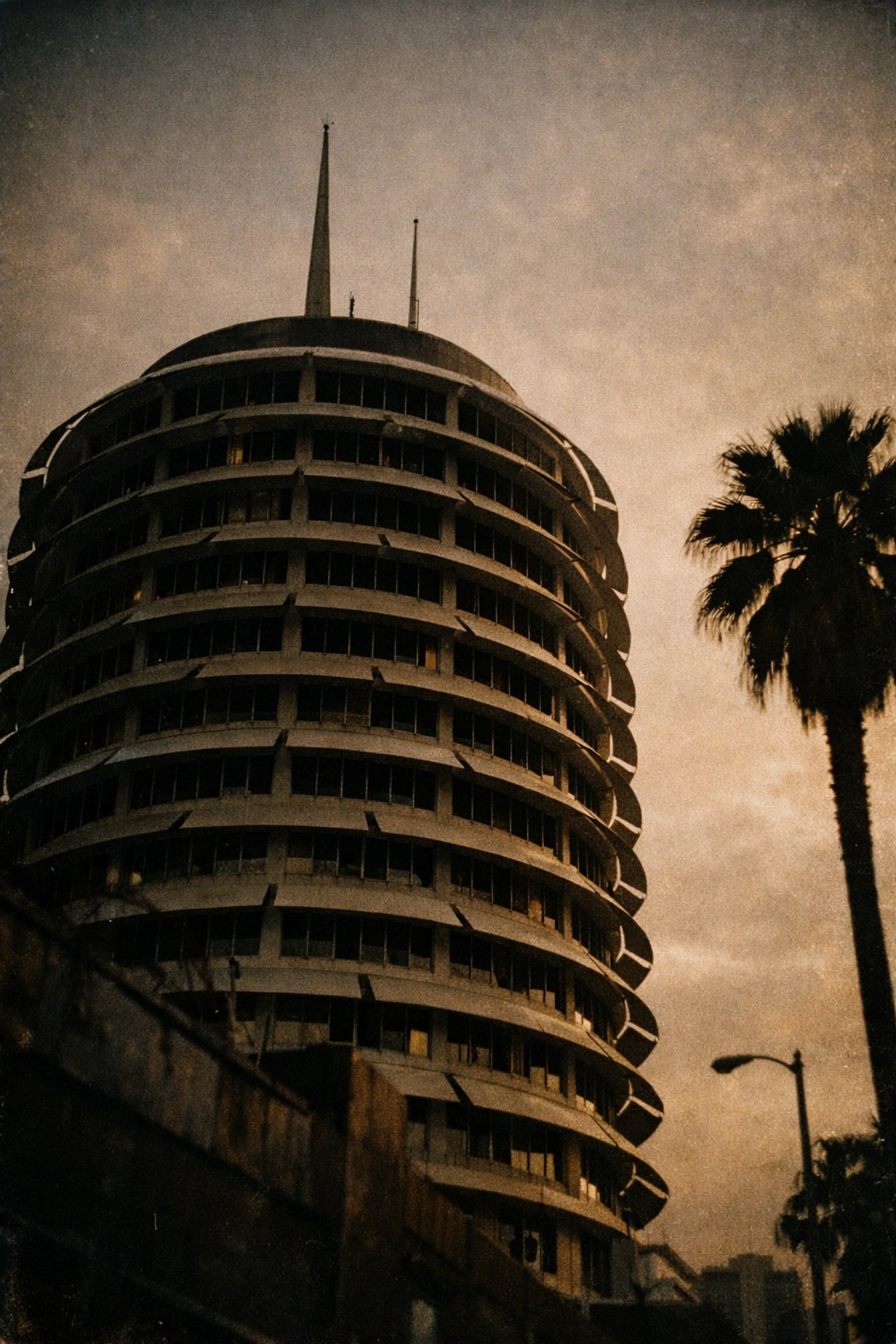 Iconic Capitol Records building in Hollywood, a historic music landmark resembling a stack of vinyl records.