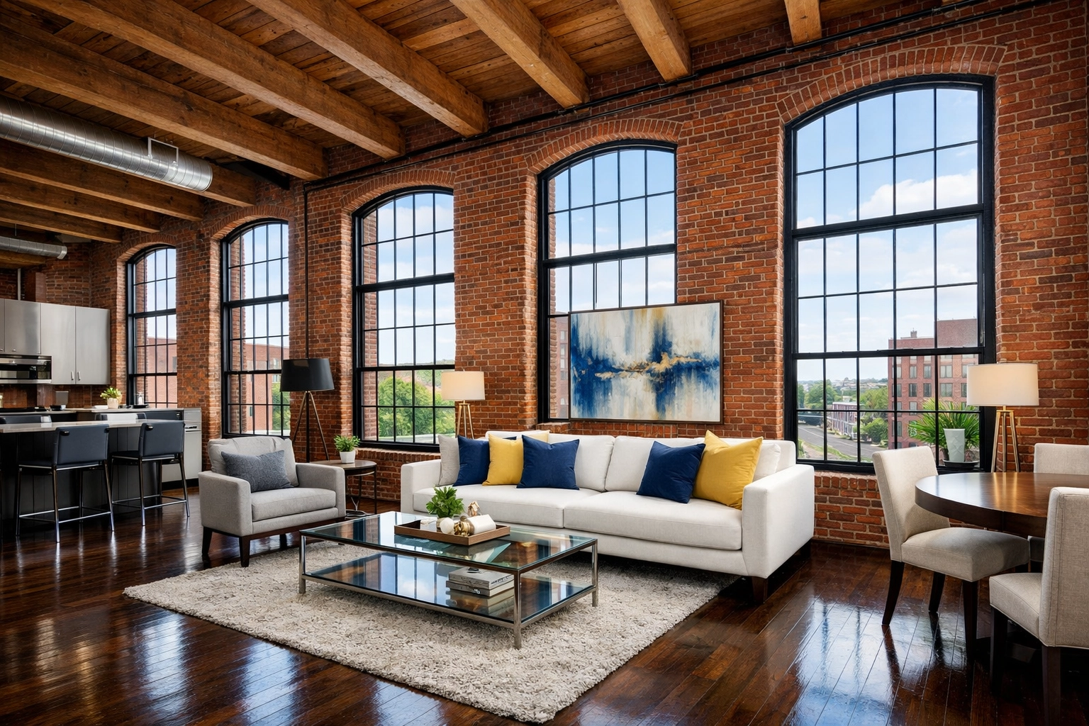 Clean luxury mill loft in Lowell MA with polished hardwood floors and historic brick walls.