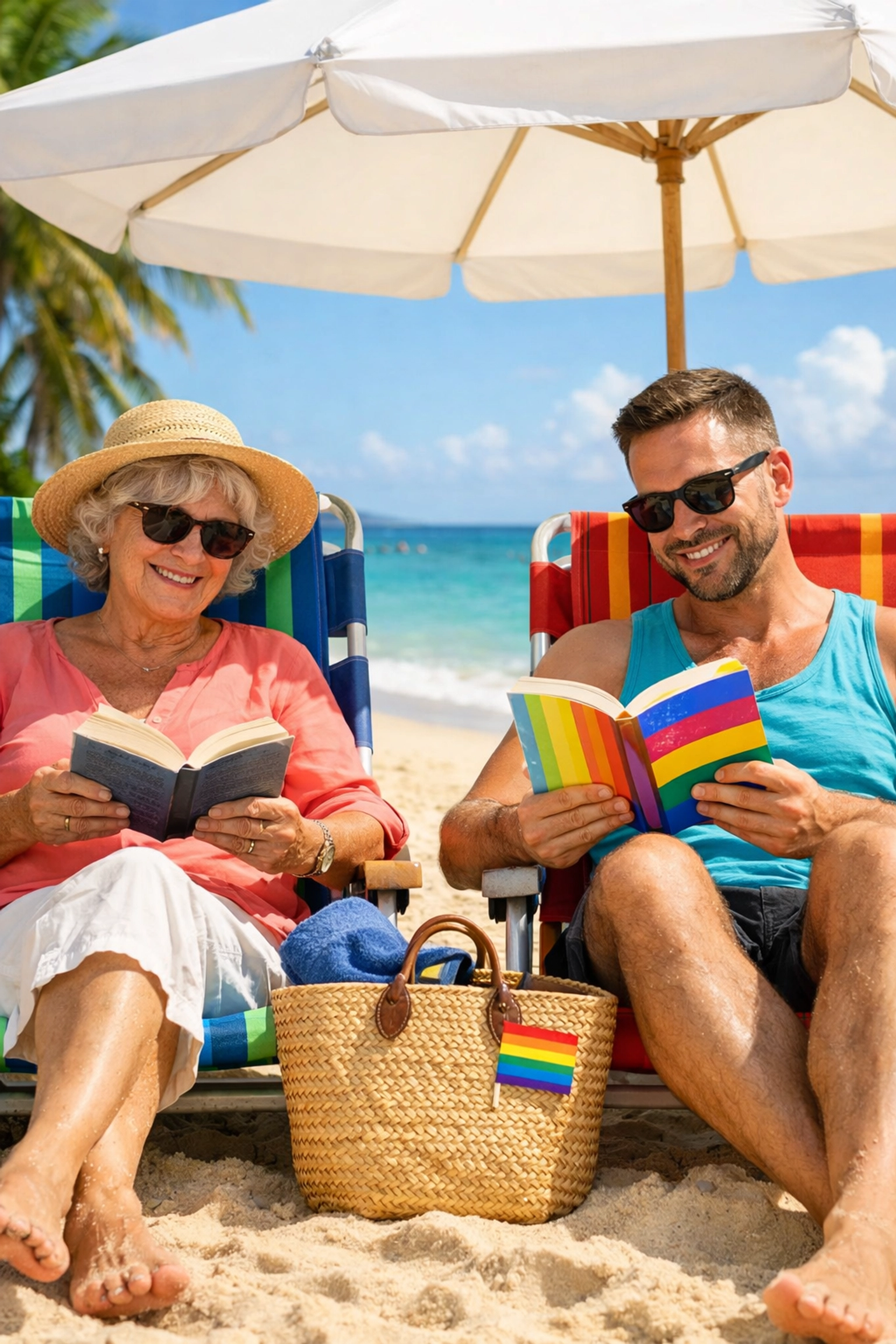 Gay man and mother relaxing on a sunny beach, reading books together during a Mother's Day getaway.