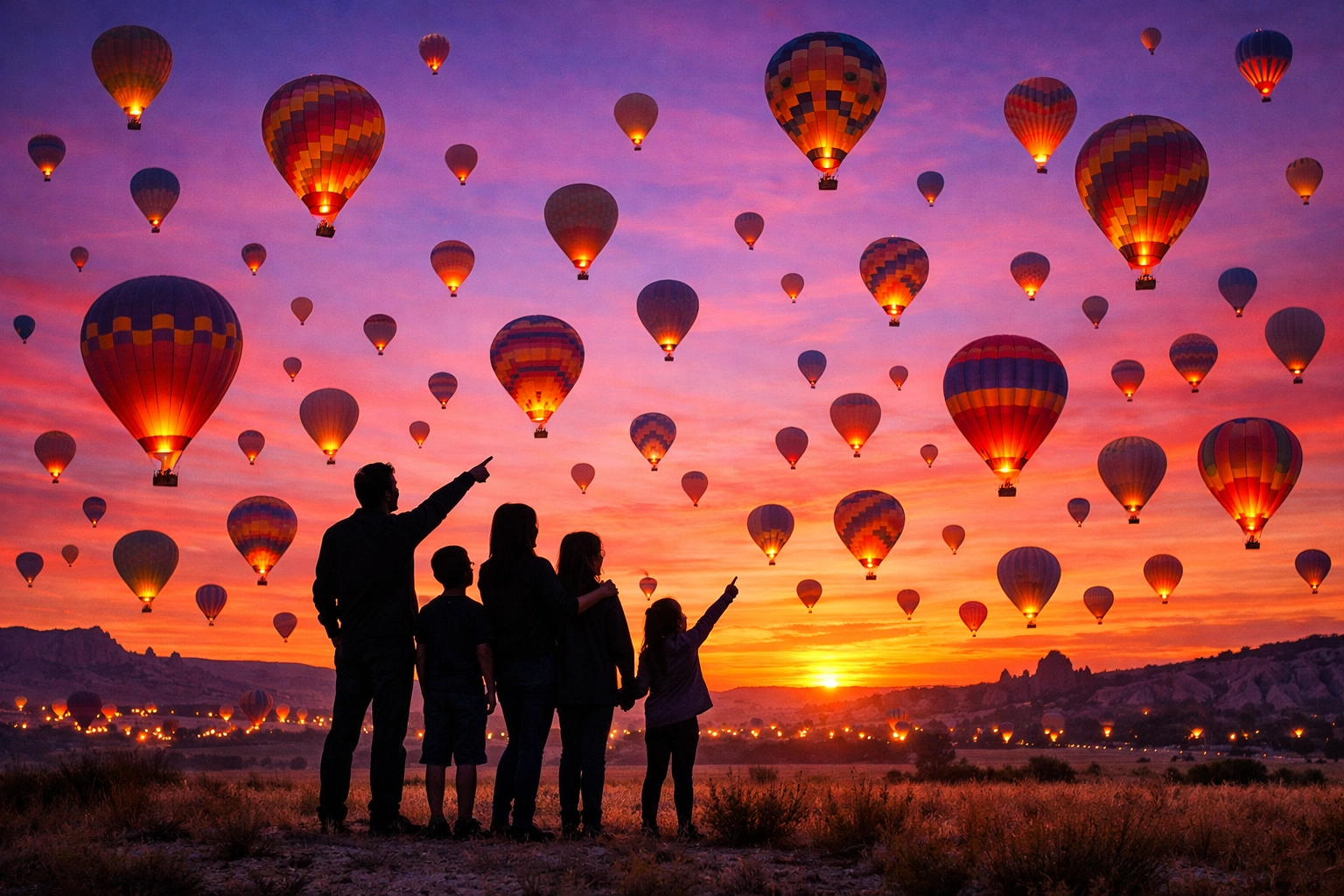 Family watching hot air balloons at sunrise, a scenic photography location for family travel.