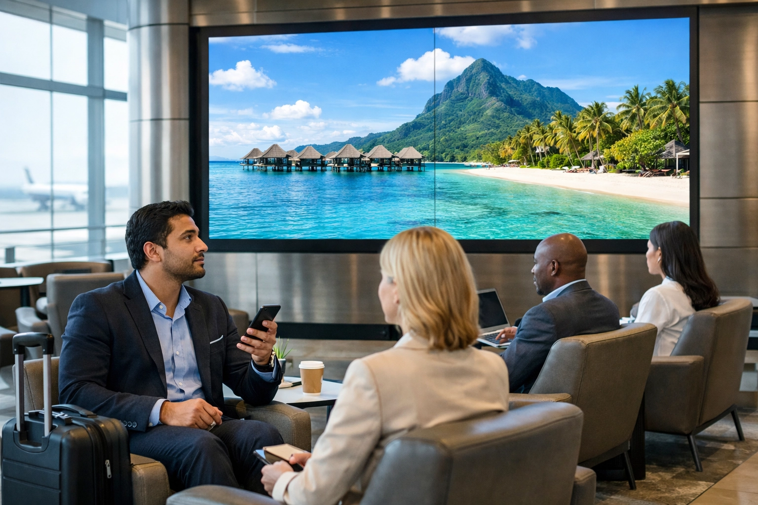 Modern airport terminal digital signage demonstrating Dakdan’s agile transportation media and advertising solutions.