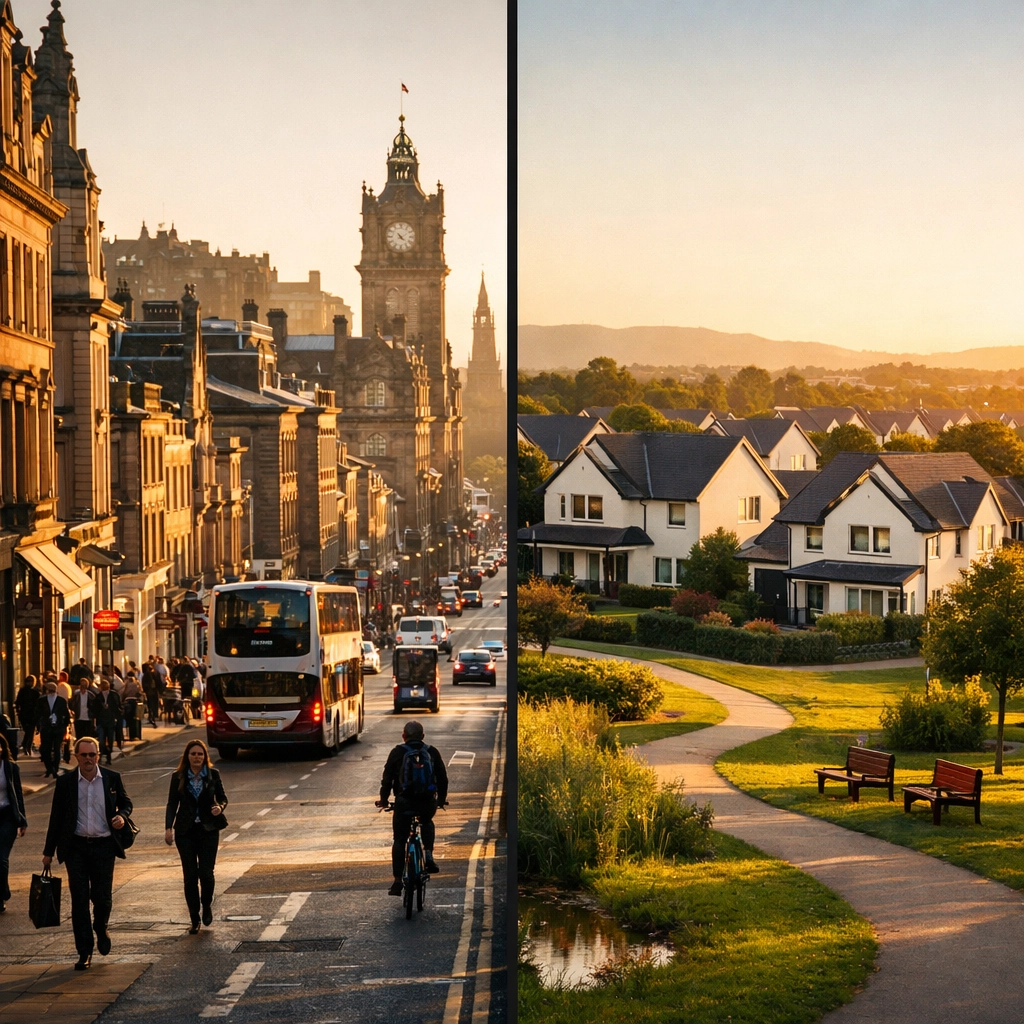 Edinburgh city centre versus suburban Scottish neighbourhood comparison