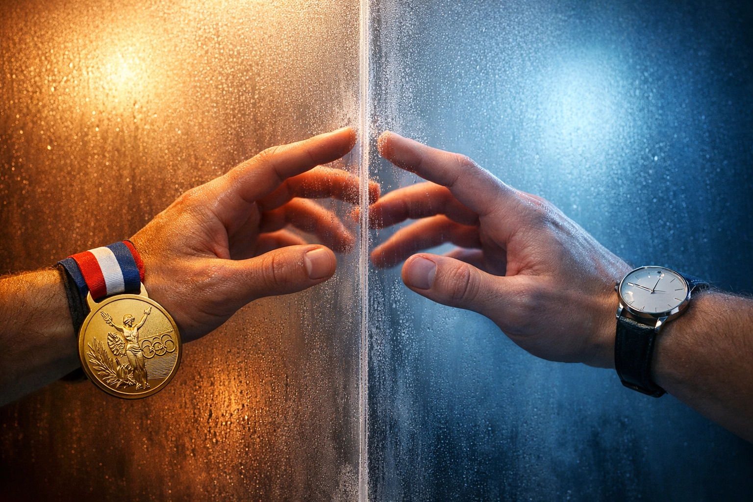 Gay Olympic athlete's hands separated from partner by barrier, showing distance despite gold medal win