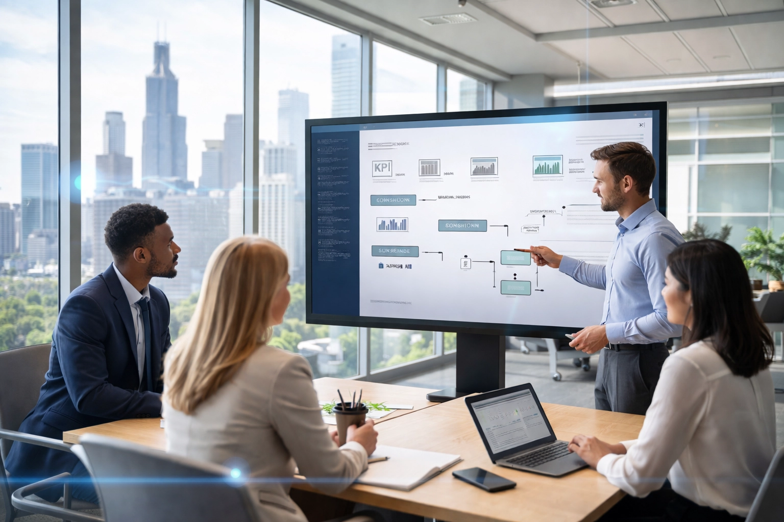 Diverse team collaborating in a modern office with performance dashboards, highlighting transparency and operational efficiency