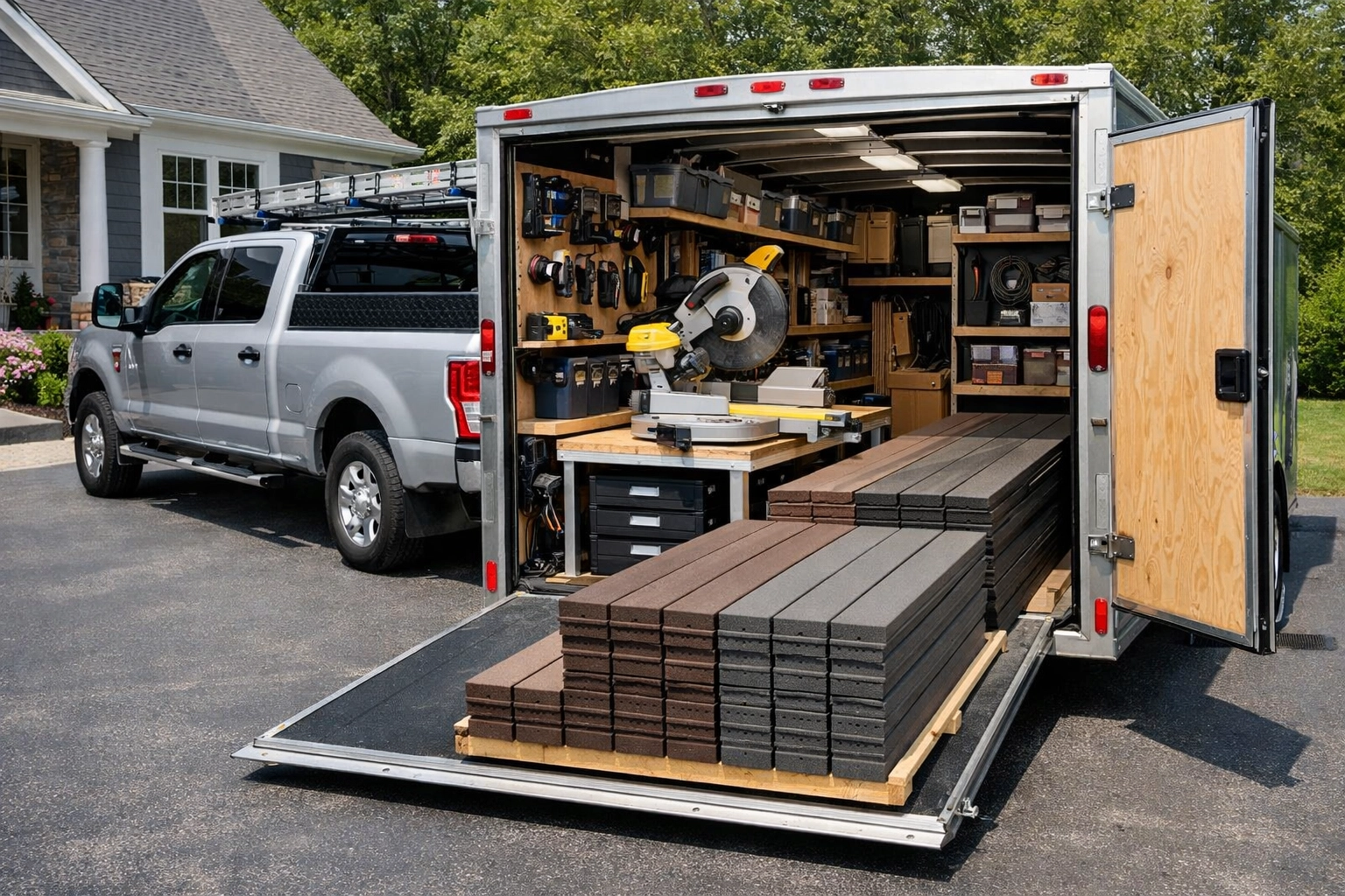 Contractor work truck and tool trailer with decking supplies, highlighting CT business insurance needs.