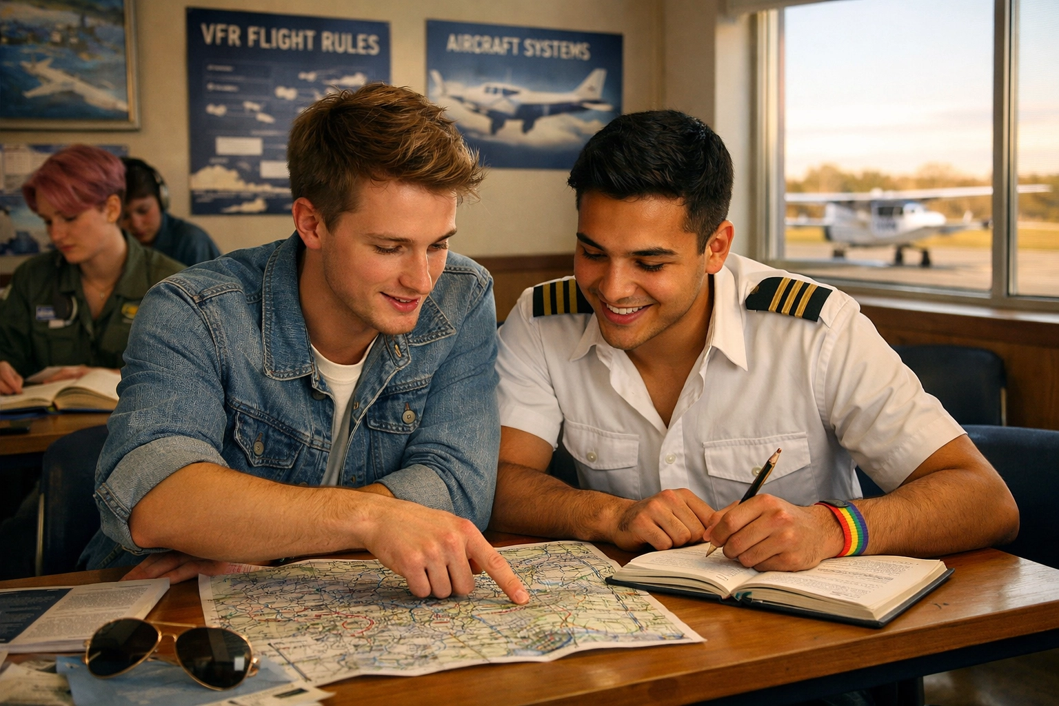 LGBTQ+ student pilots studying aviation charts during ground school flight training