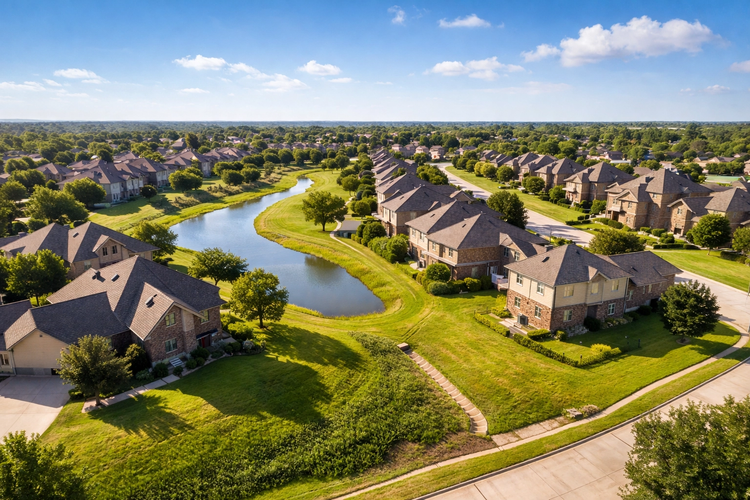 Aerial view of Texas neighborhood showing homes at various elevations with drainage features
