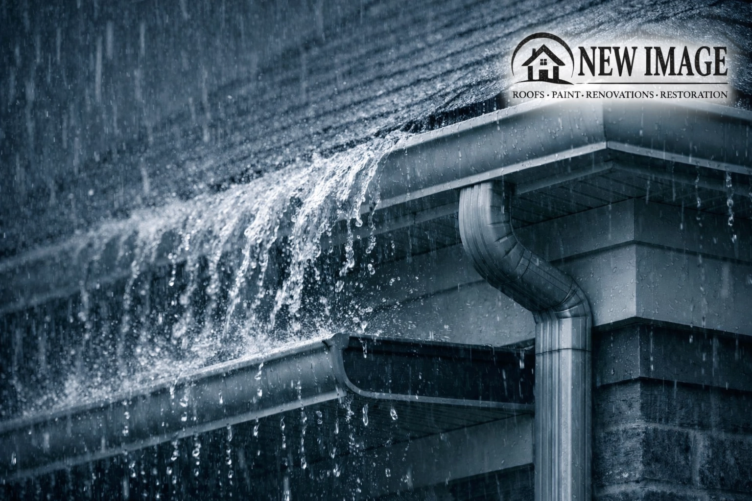 Well-maintained gutters and fascia boards protecting a home from wood rot during a heavy Georgia rainstorm.