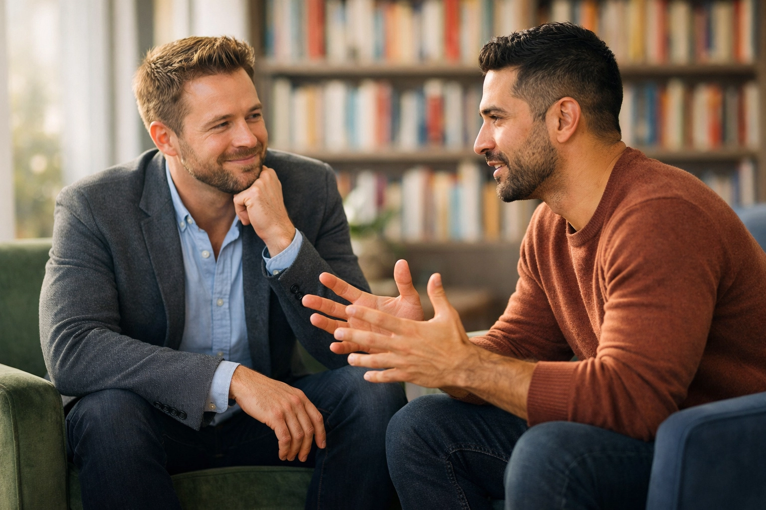 Two gay professional men talking in a sunlit office, demonstrating emotional intelligence and queer leadership.