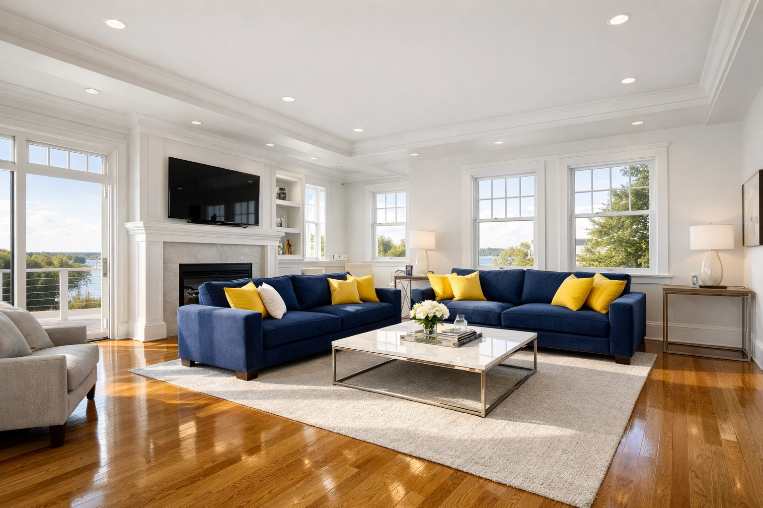 Pristine living room with clean hardwood floors highlighting quality house cleaning Tewksbury MA services.