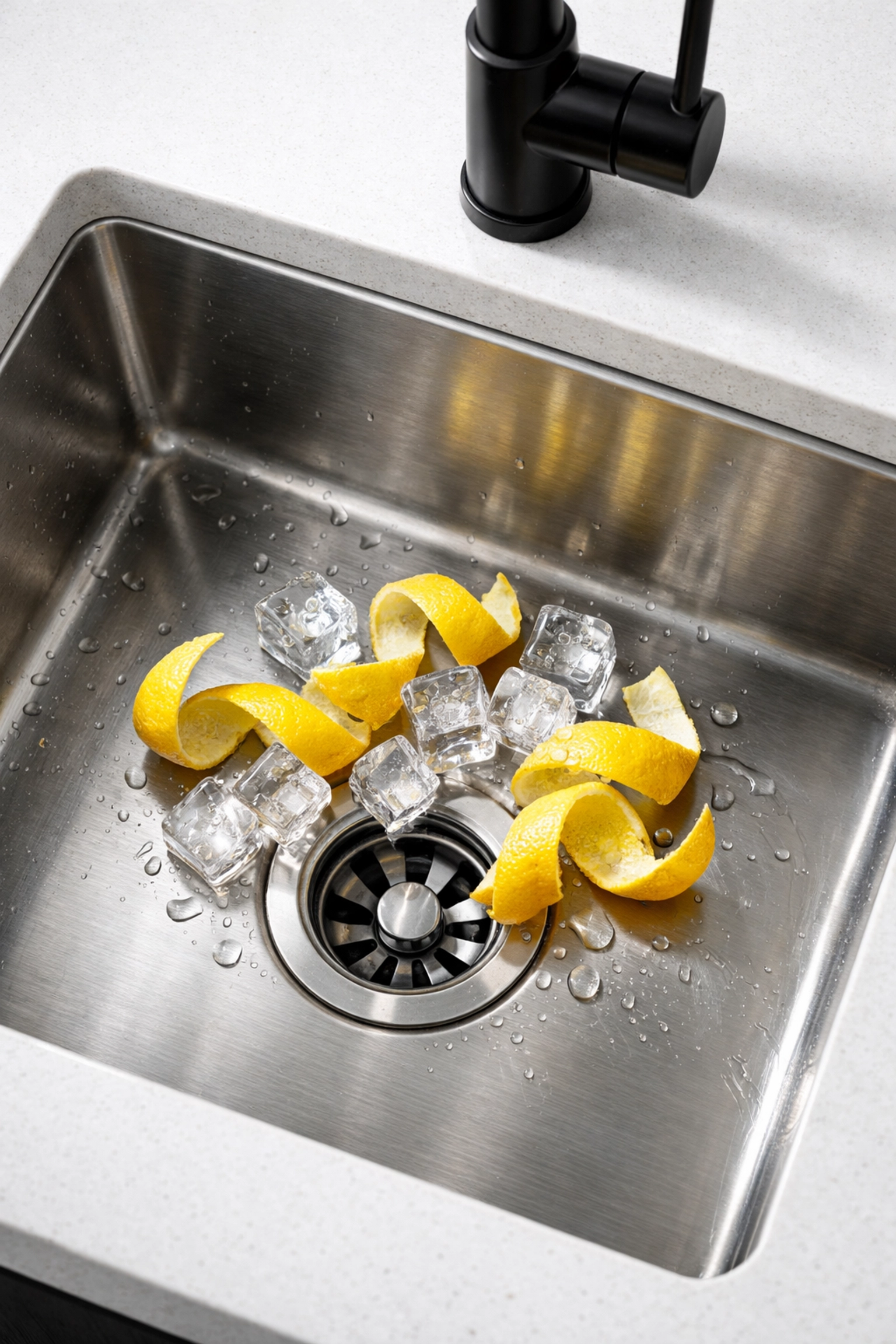 Lemon peels and ice cubes in a kitchen sink for eco-friendly garbage disposal cleaning.