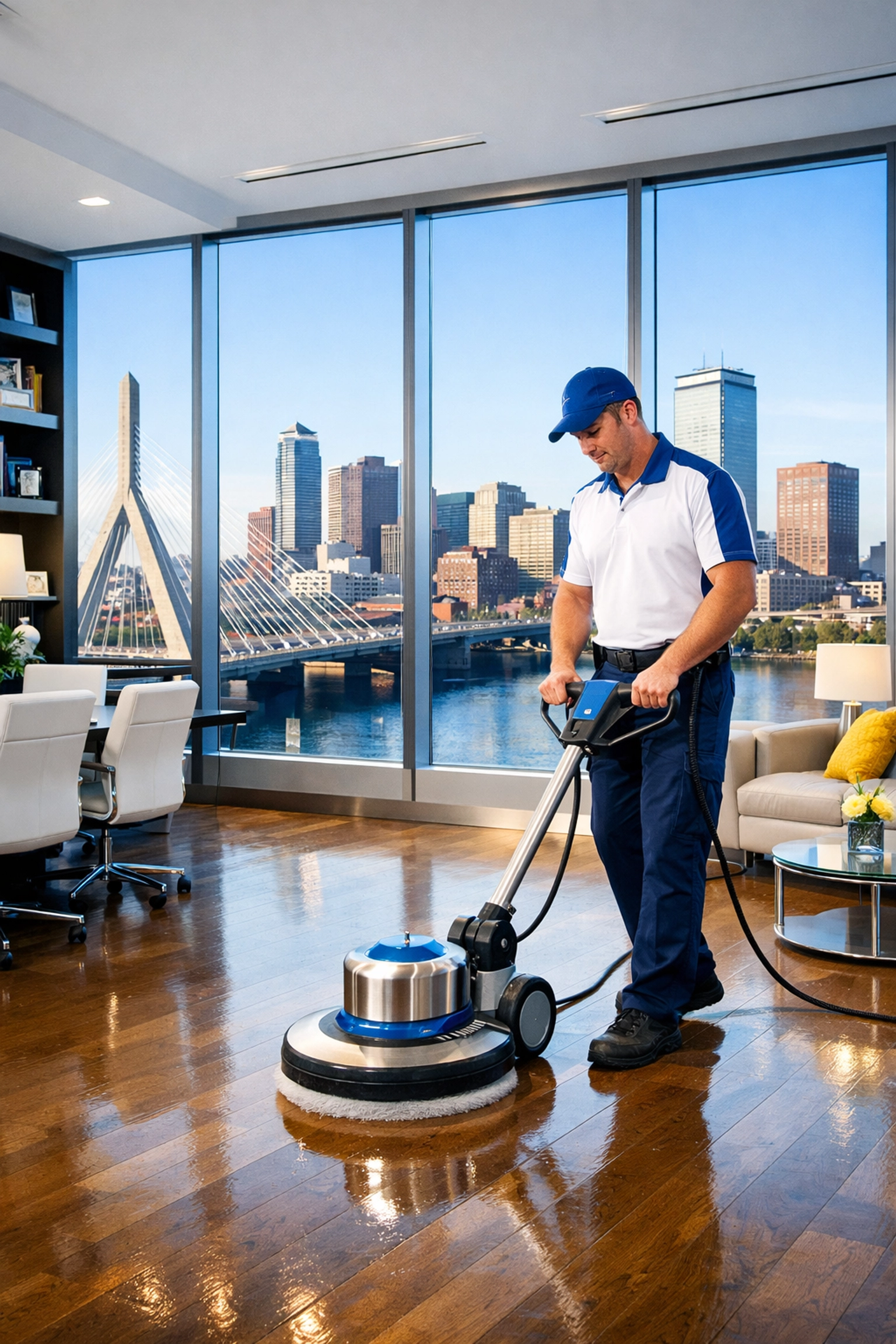 Professional cleaner polishing floors in a high-rise office for expert commercial cleaning Boston services.