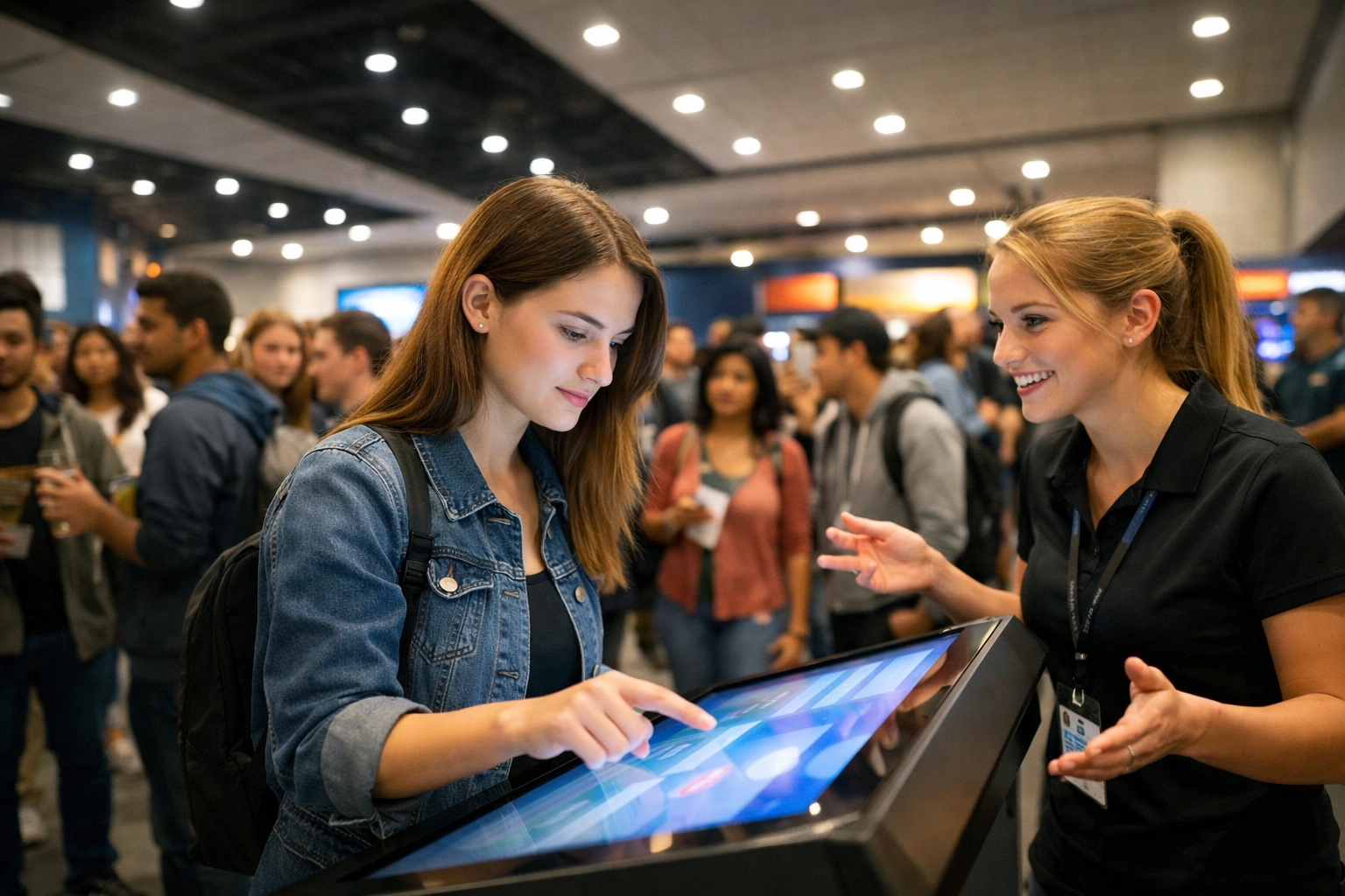 Gen Z consumers engaging with interactive technology at a professional brand activation venue.