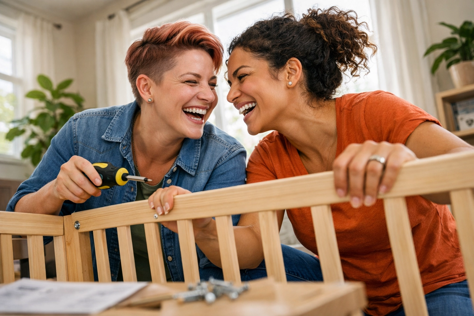 Lesbian couple building a crib together, showcasing teamwork in the LGBTQ+ foster-to-adopt process.