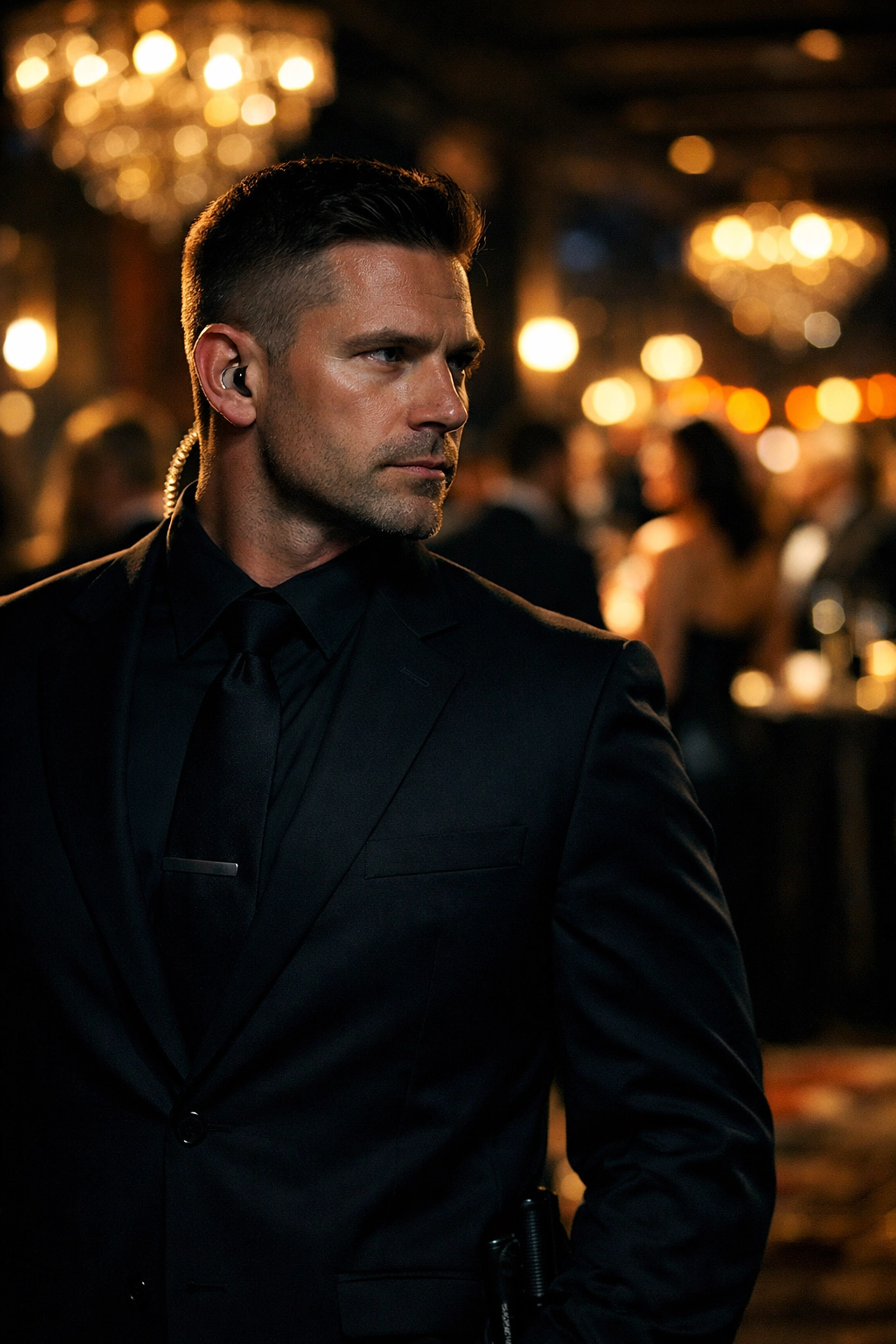 Professional security guard in uniform monitoring a high-end event gala in Richmond.