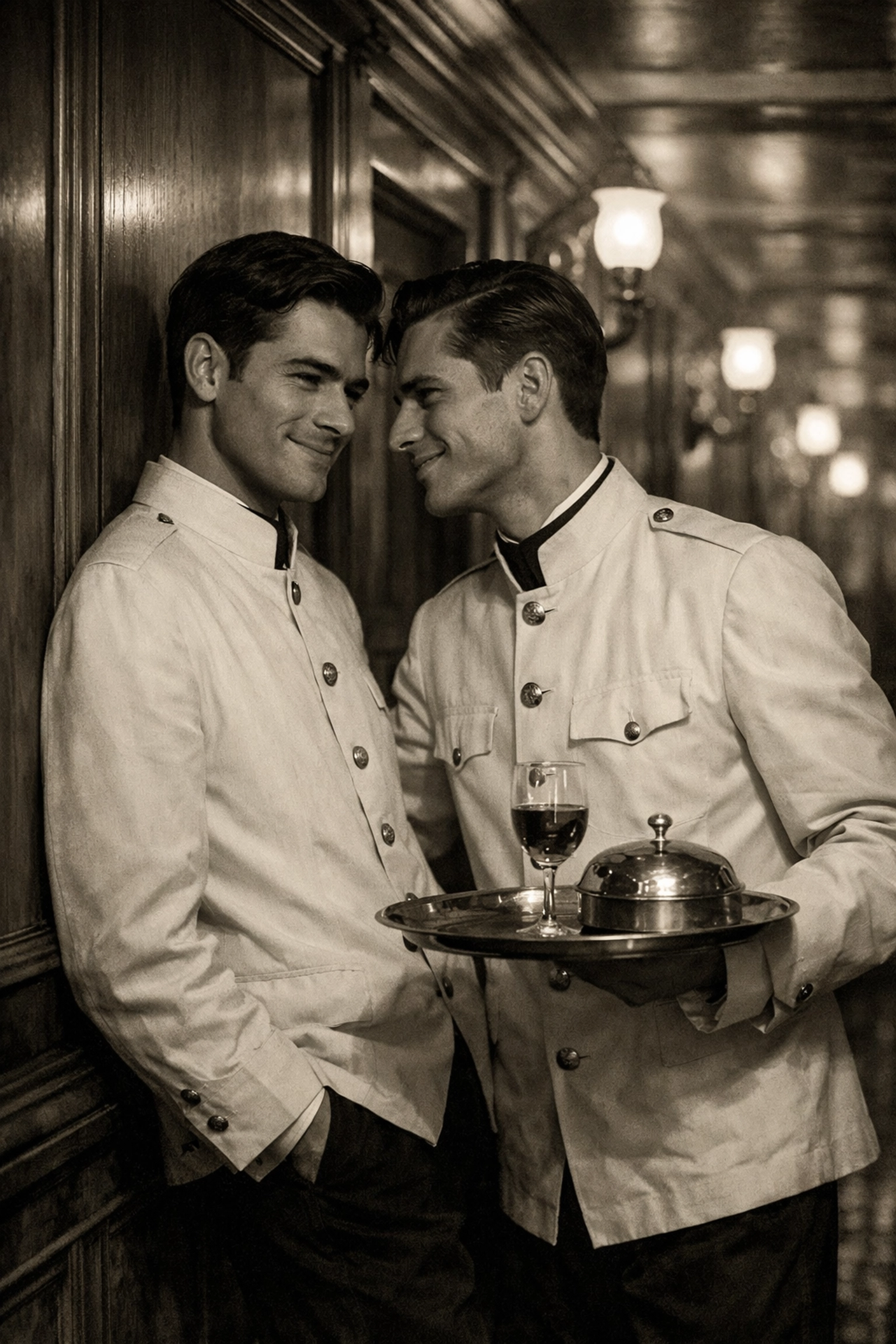 Two gay ship stewards in 1912 uniforms sharing a quiet, intimate moment in a vintage ocean liner corridor.