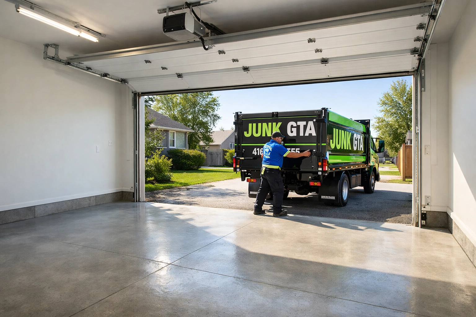 A spotless, empty garage in Innisfil after a professional cleanout and junk removal service.