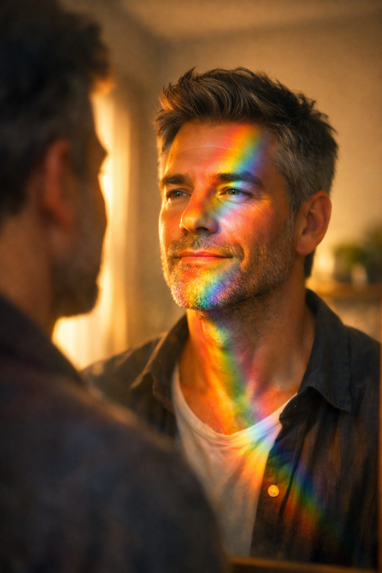 A man in his 40s looking in a mirror during a journey of self-discovery and queer identity.