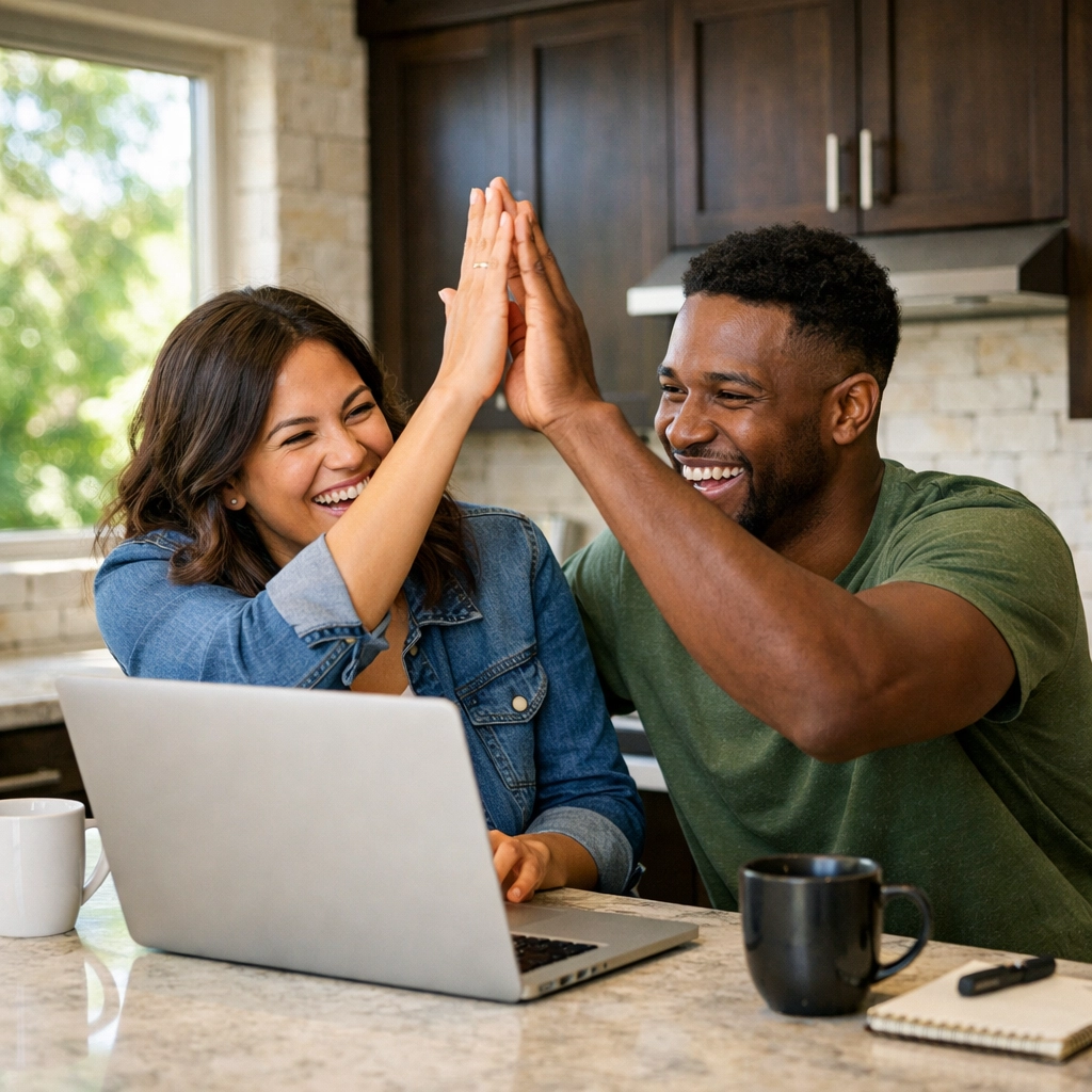 A happy young couple in a San Antonio kitchen celebrating their home loan approval.