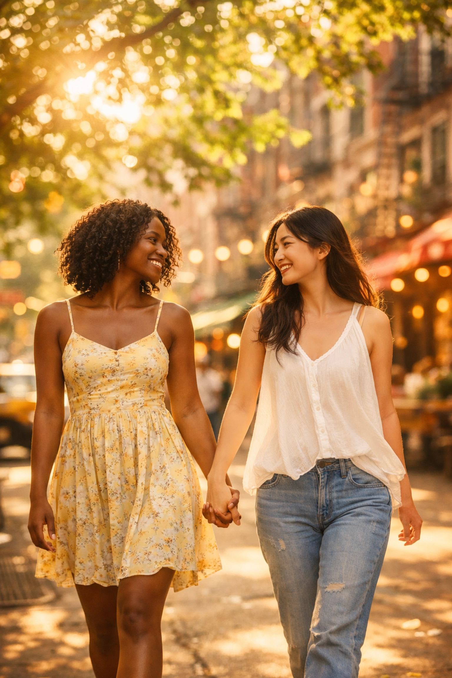 Sapphic couple holding hands in summer NYC - lesbian romance from Honey Girl novel