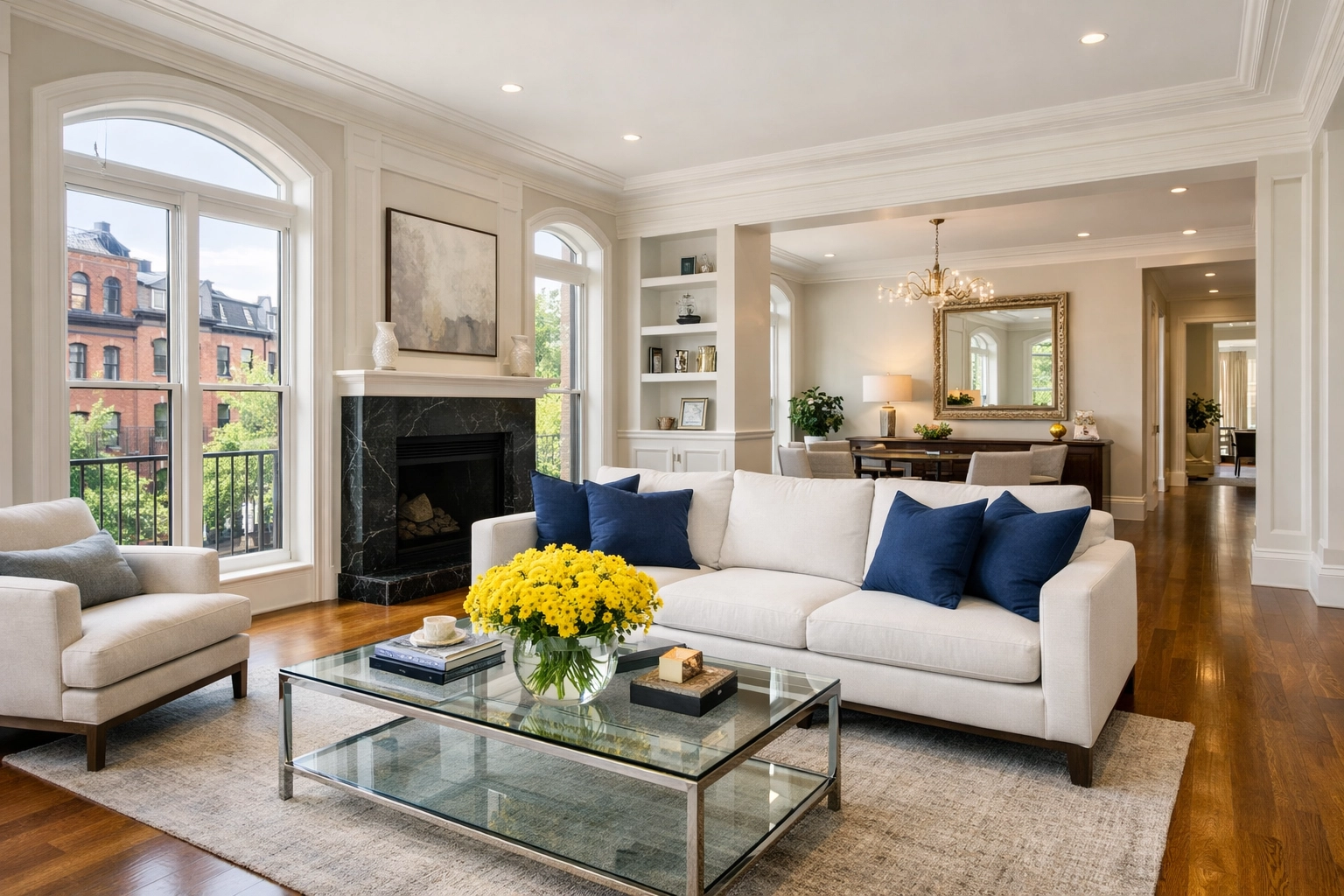 Spotless living room in a high-end Massachusetts home showing results of house cleaning services MA.