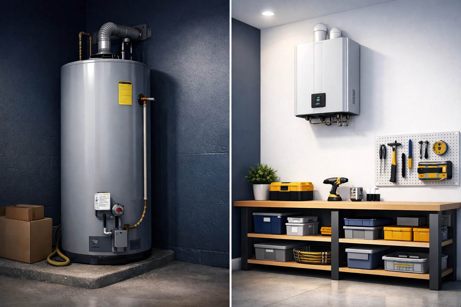 Comparison of a bulky storage tank and a space-saving wall-mounted tankless water heater for home value.