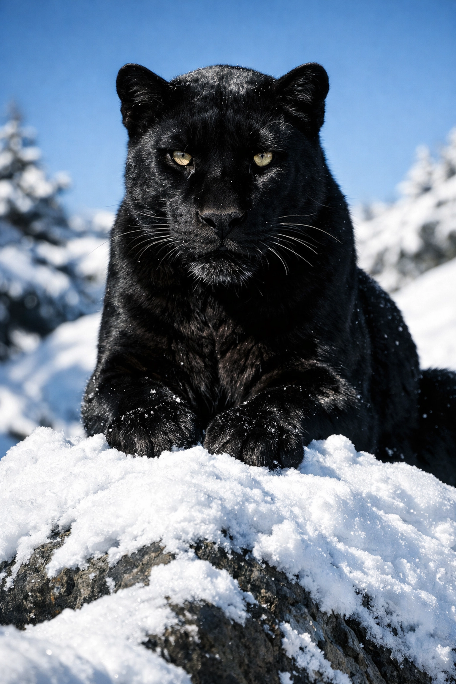 High contrast shot of a black panther in snow demonstrating exposure control in manual mode photography.