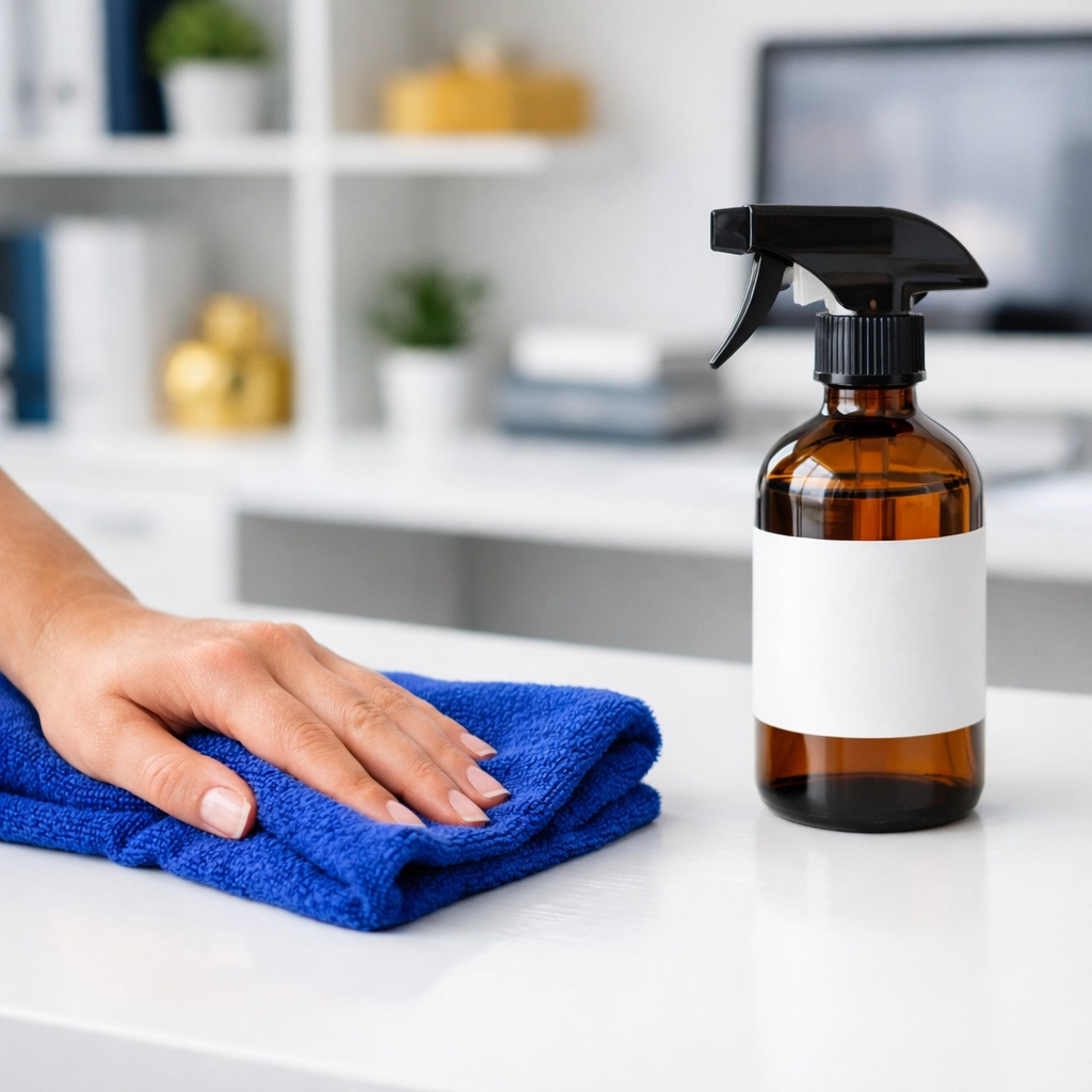 Using an eco-friendly spray and microfiber cloth to sanitize a white desk surface in a home office.