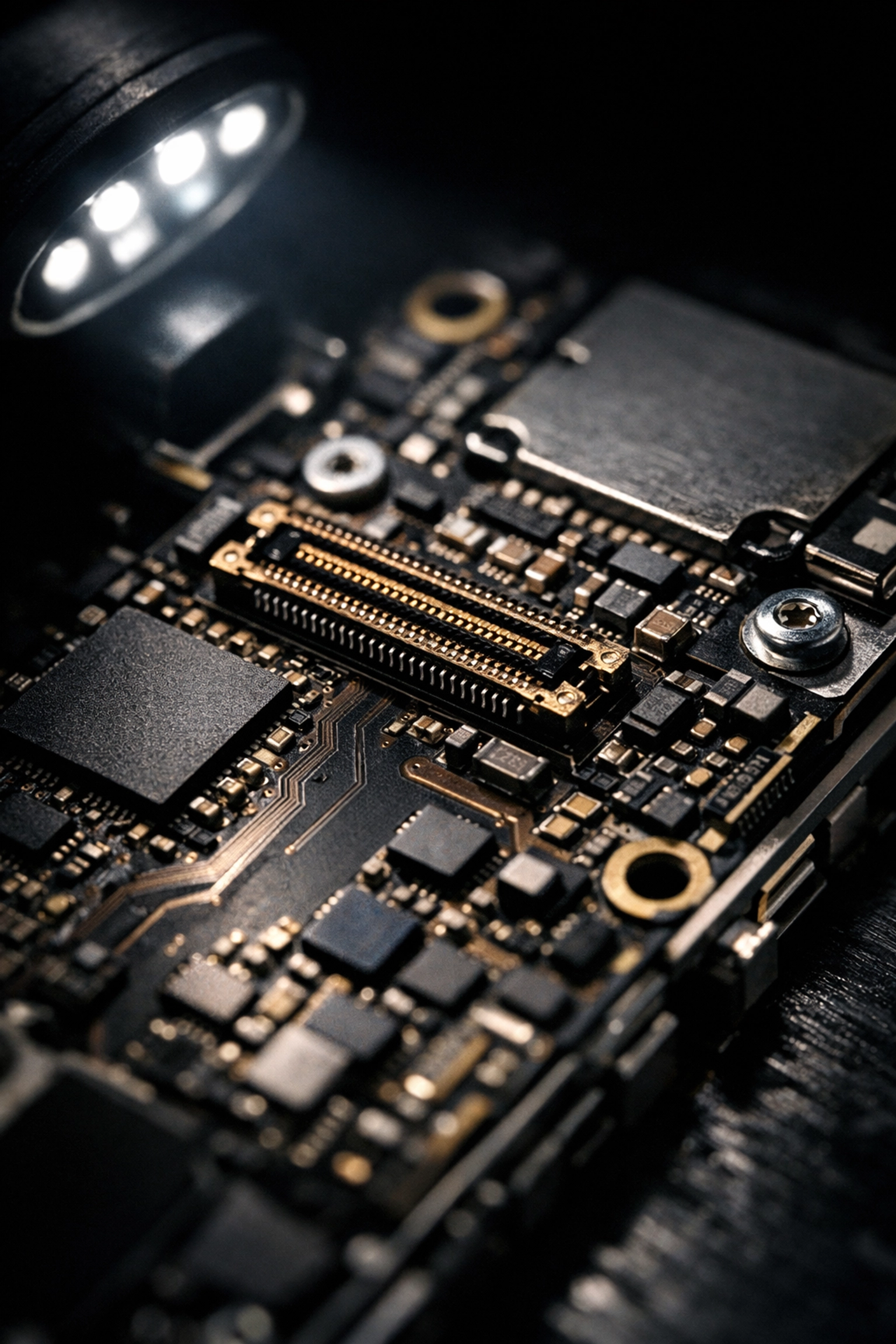 Close-up of iPhone logic board showing Apple's component pairing circuitry and microchips