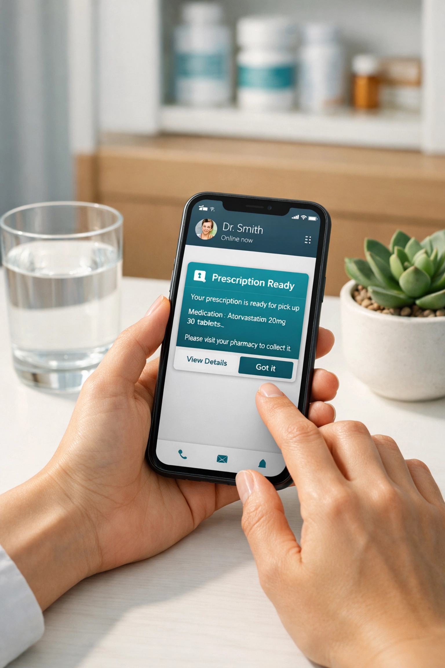 Smartphone displaying online prescription notification for same-day medical treatment