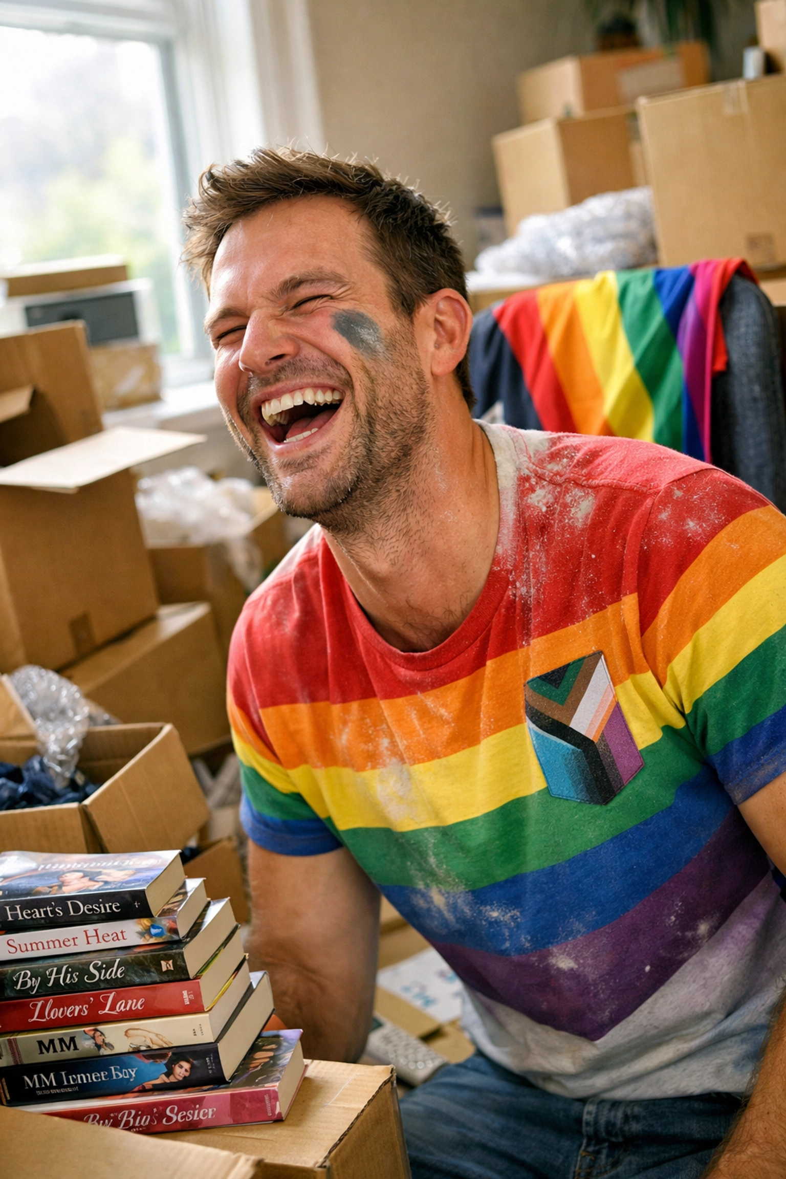 A man laughing while unpacking MM romance books, celebrating the authentic messiness of queer life transitions.