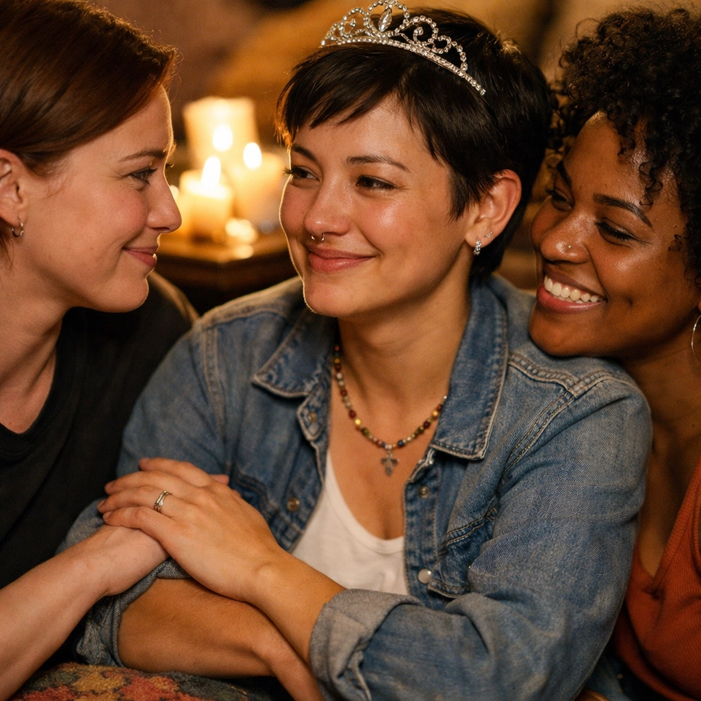 Queer women sharing an emotional moment of support and connection at a chosen family birthday gathering.