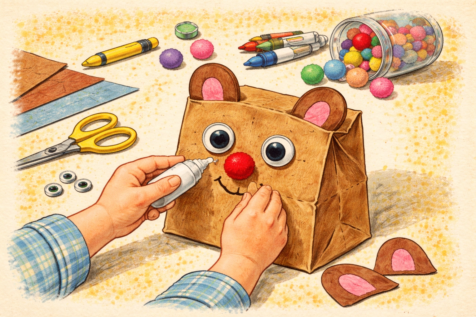 Close-up of hands gluing googly eyes and a red pom pom nose to create a bear paper bag puppet, with craft supplies nearby.