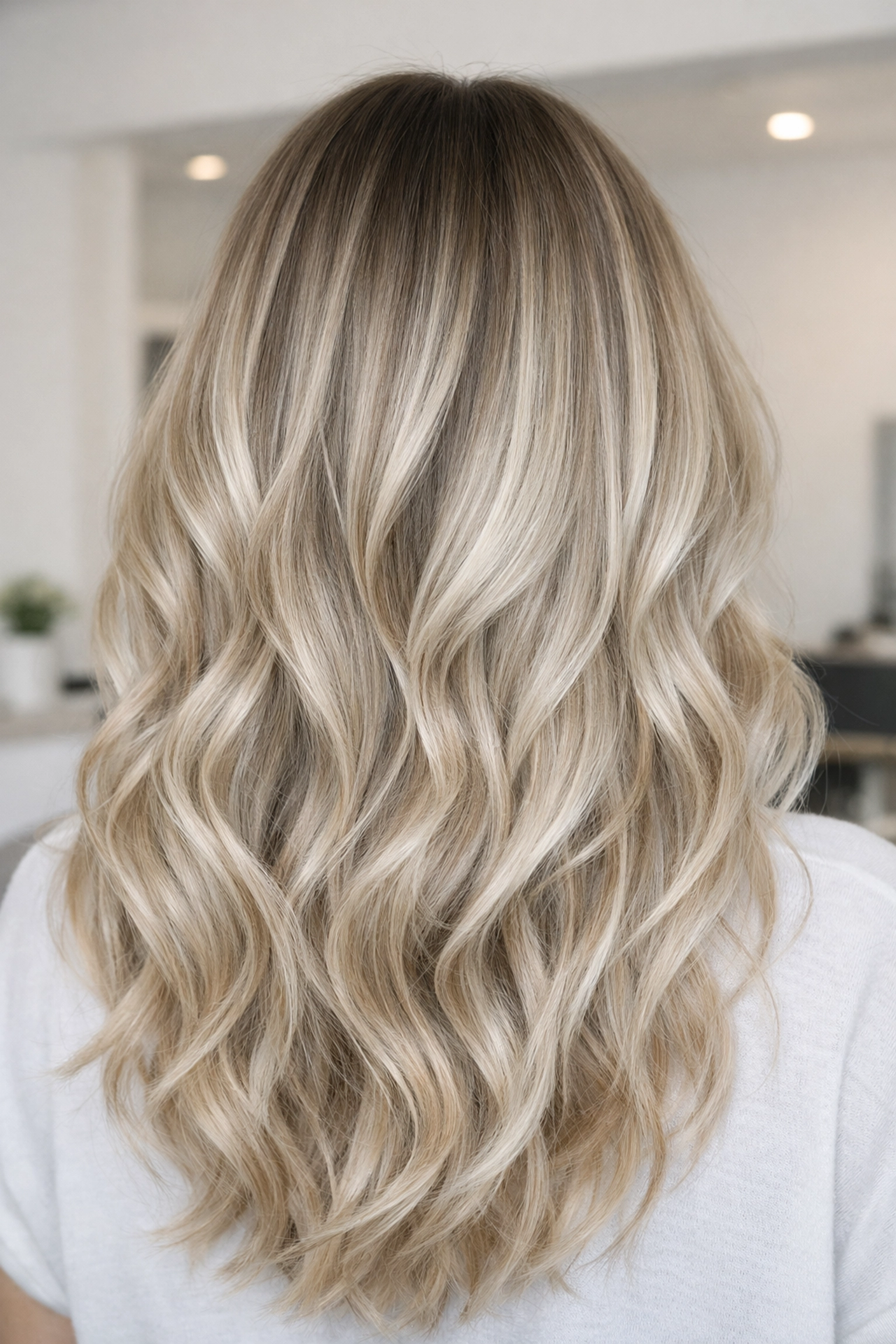 Close-up of ash blonde hair with shadow roots, a popular hair transformation at our Concord NH salon.