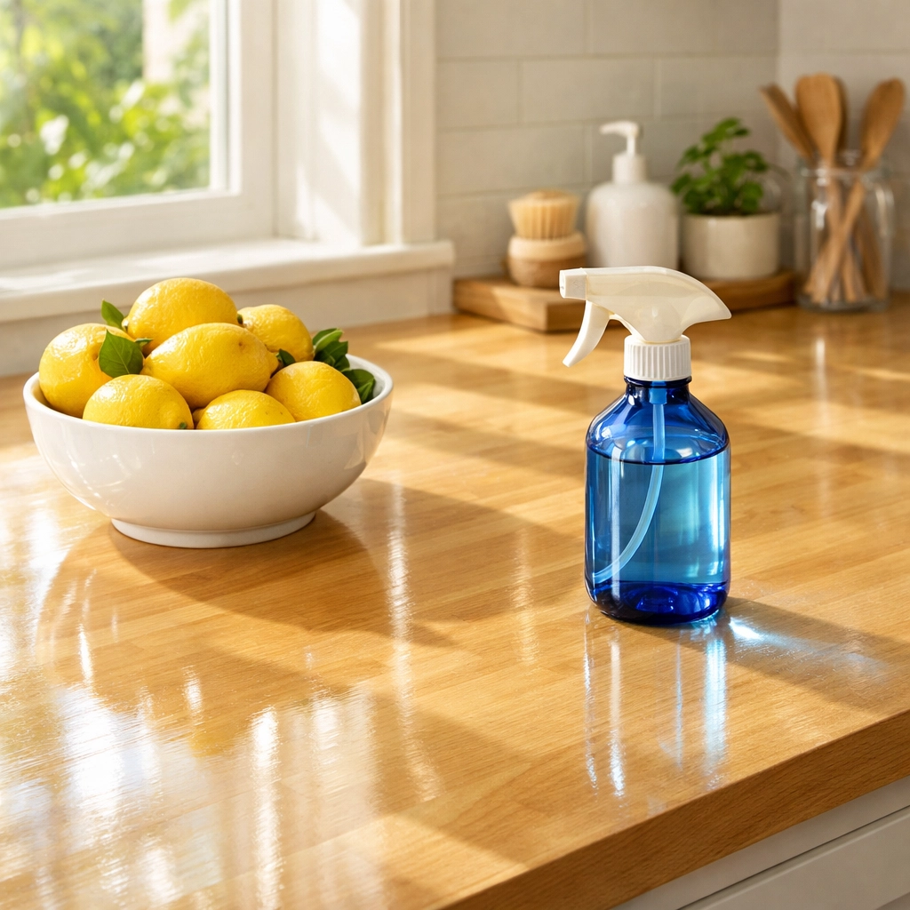 Eco-friendly cleaning products on a sparkling Holliston kitchen counter for a safer home.