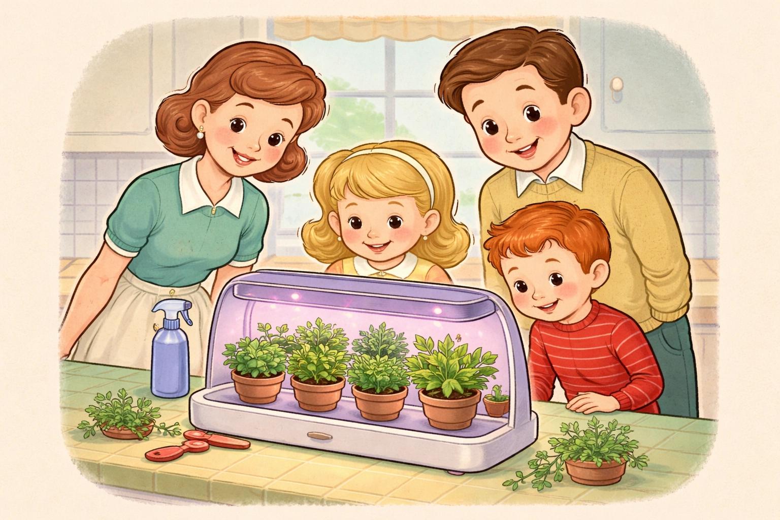 Family gathered around a countertop grow light station nurturing potted herbs for indoor winter gardening.