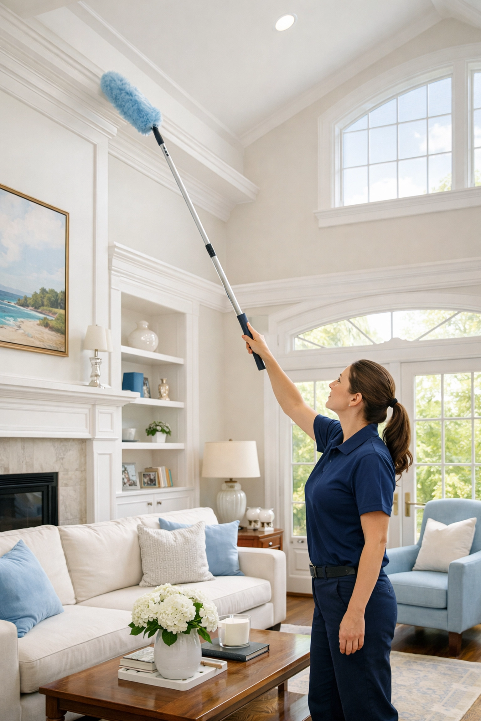 Professional house cleaner dusting high window frames for a deep cleaning Marlborough session.