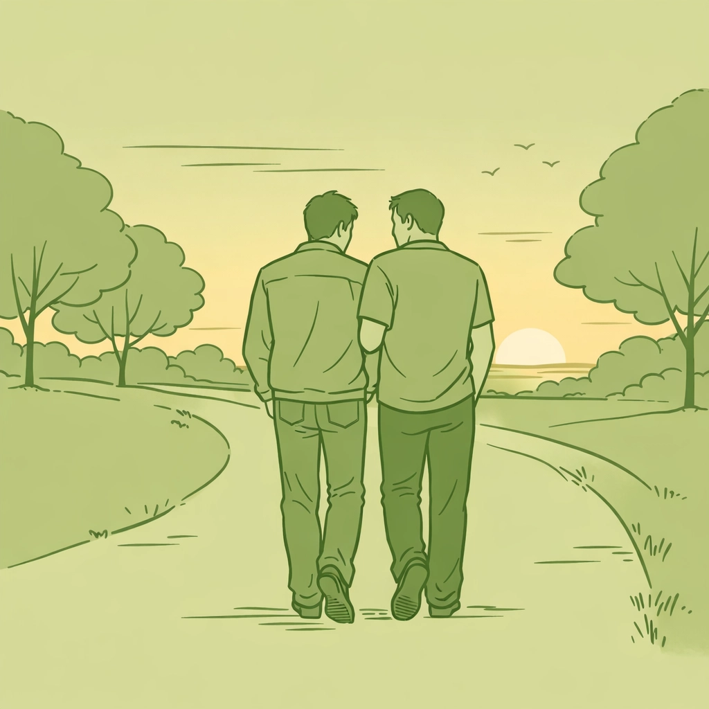 Two men walking together in park illustrating reconnection in gay romance healing journey