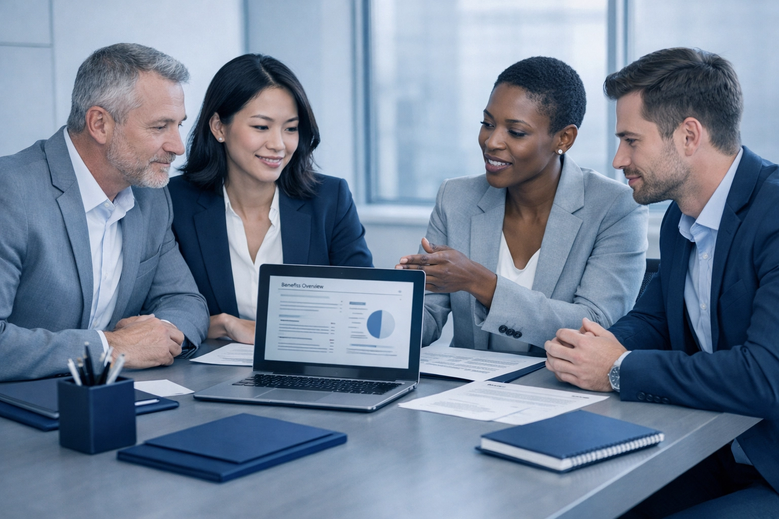 Diverse office employees collaborate at a conference table, discussing cost-effective voluntary benefits options.