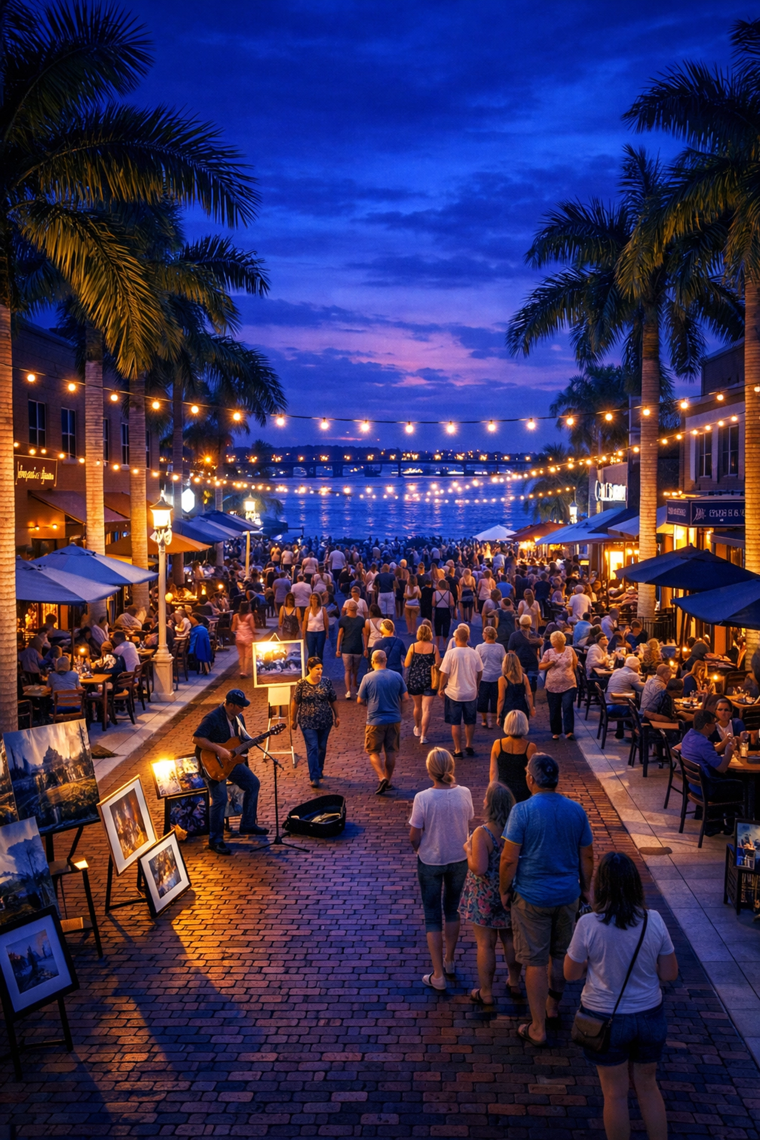 Downtown Fort Myers River District during Art Walk with outdoor dining and string lights along First Street
