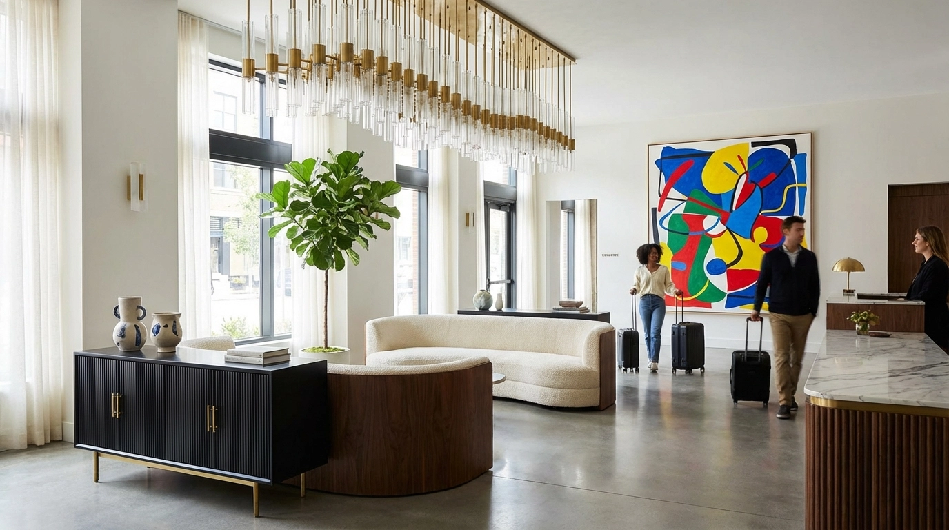 Boutique hotel lobby with contemporary designer sofas and modern black sideboard for corporate event inspiration