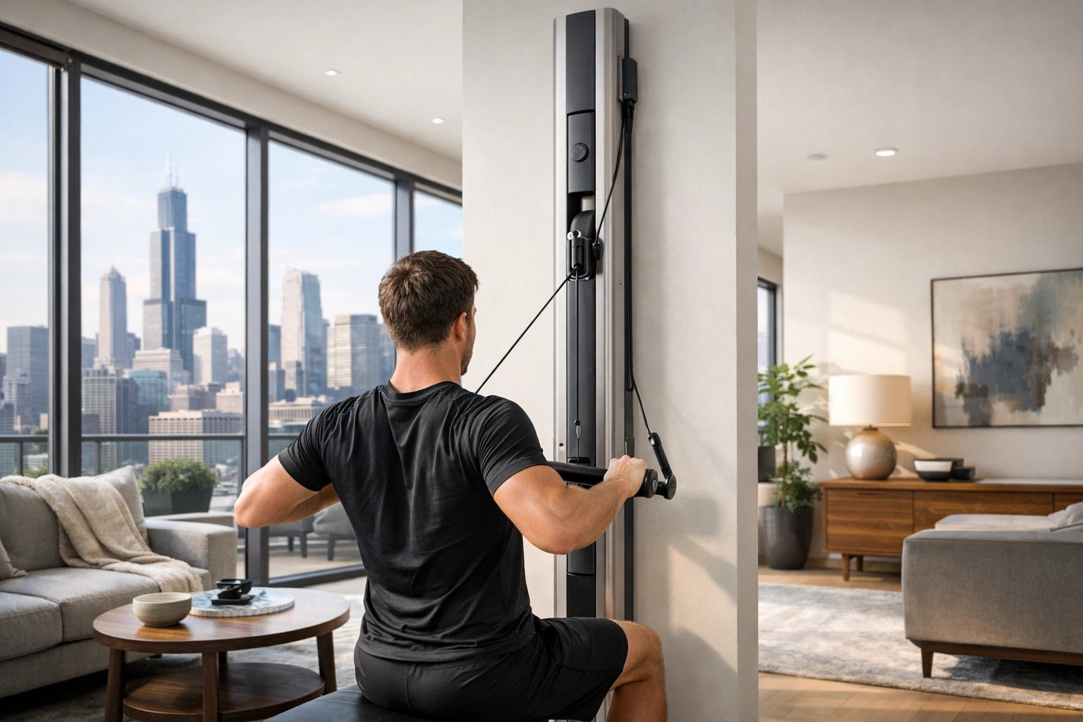 Modern urban home using a no wall damage workout system for a full body workout at home.