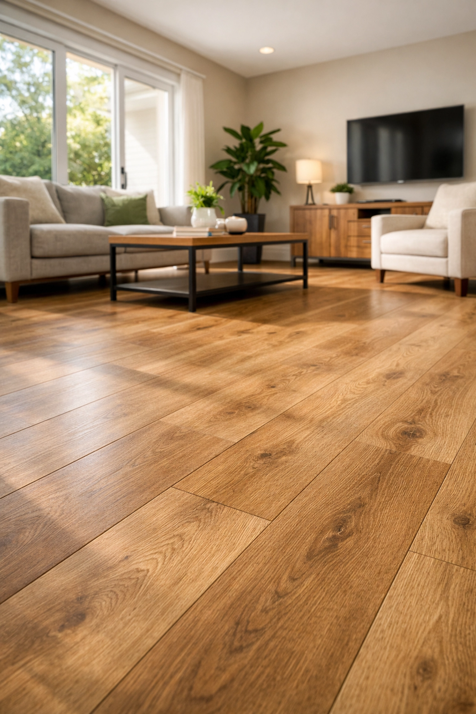 Luxury vinyl plank flooring installation in modern Orlando living room with natural sunlight