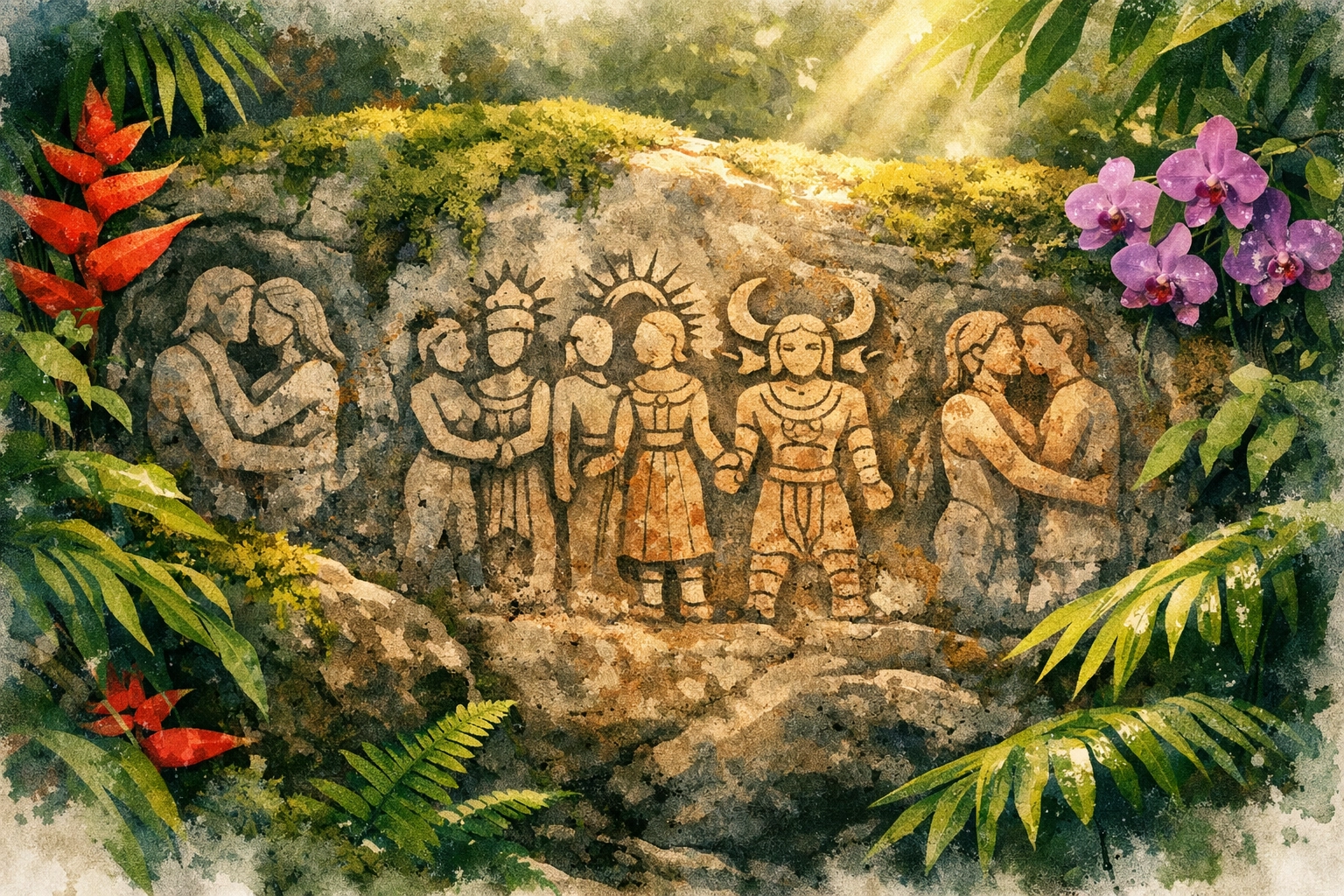 Ancient stone carvings depicting queer and gender-diverse figures in tropical rainforest